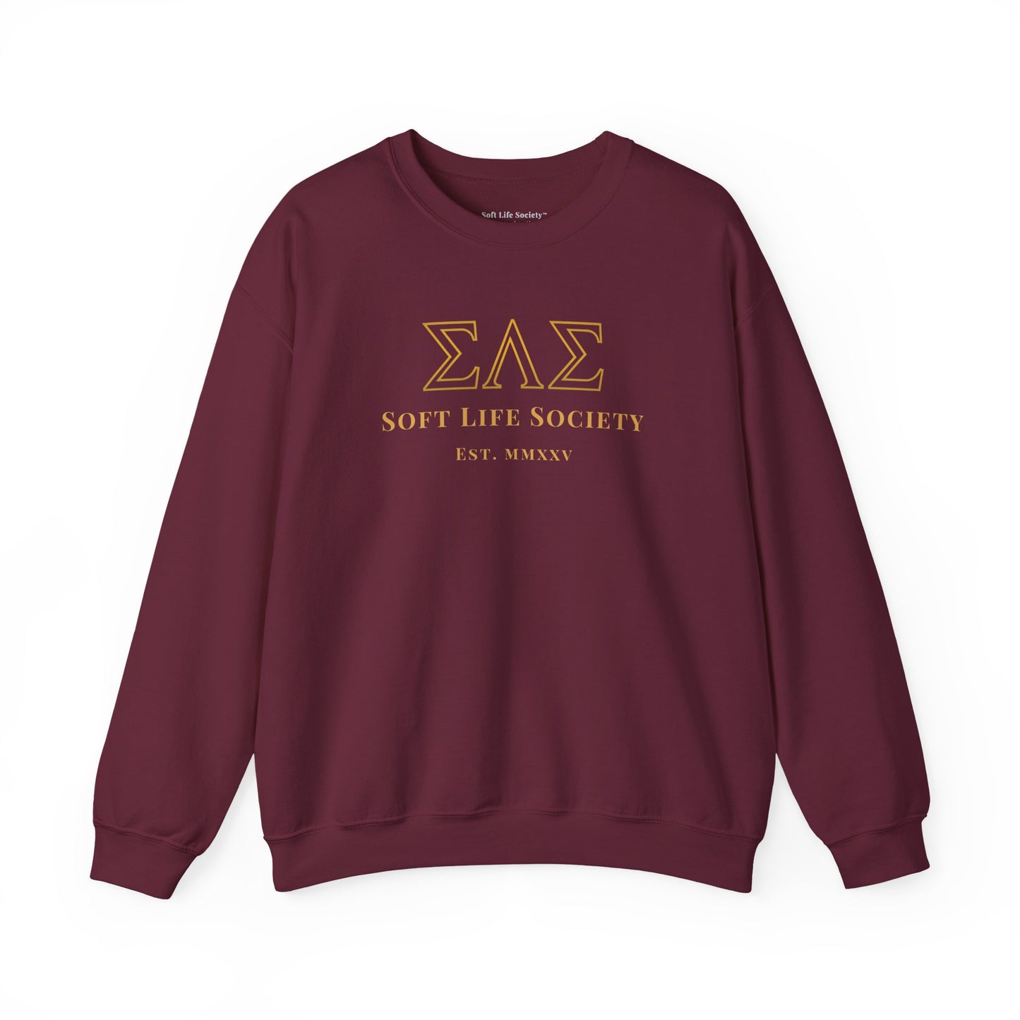 Maroon sweatshirt with gold text "Soft Life Society" on a white background