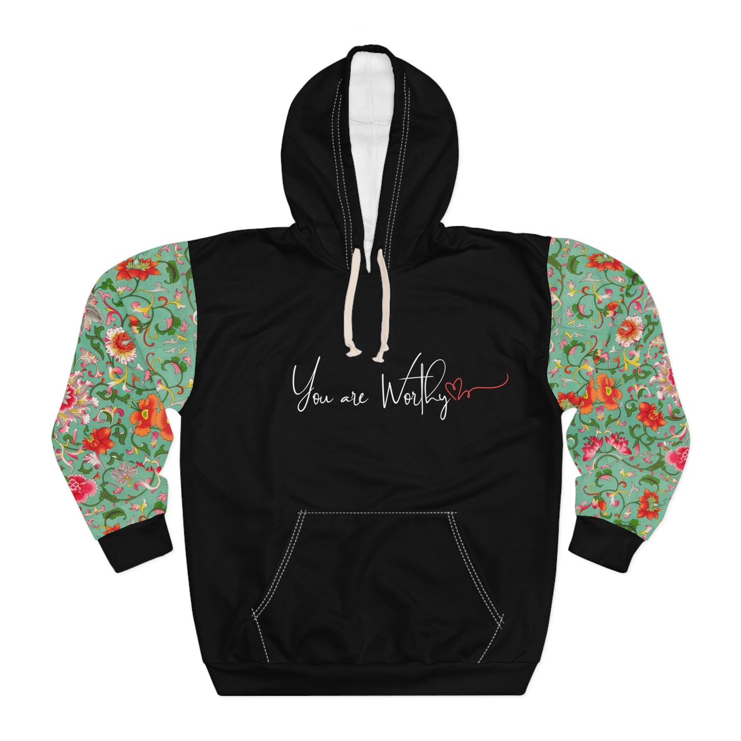 Front view of the 'You Are Worthy' Inspirational Hoodie, showcasing the message on a solid-colored background with floral print sleeves