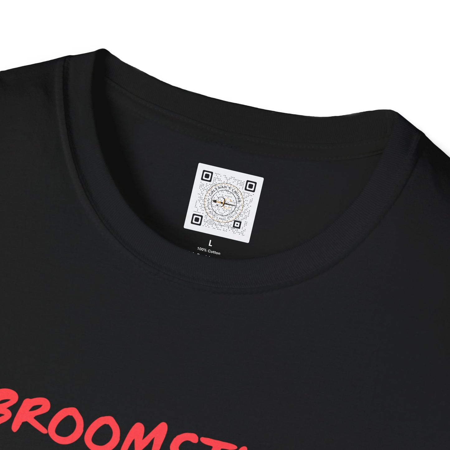 Close-up of collar on 'Broomsticks' Halloween t-shirt. Comfortable, eco-friendly, and made of 100% cotton, perfect for vintage and sustainable apparel enthusiasts.