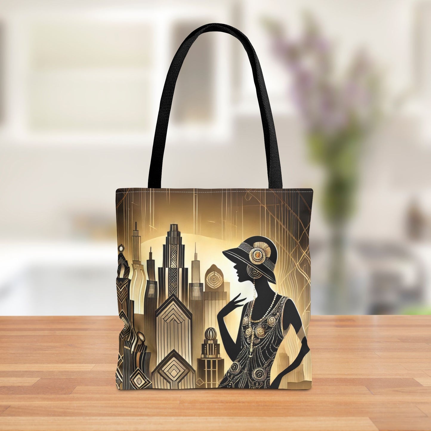 Art Deco Skyline Tote Bag | Vintage Flapper-Inspired Shoulder Bag | Gatsby Era Style Accessory | Golden Cityscape Design Tote