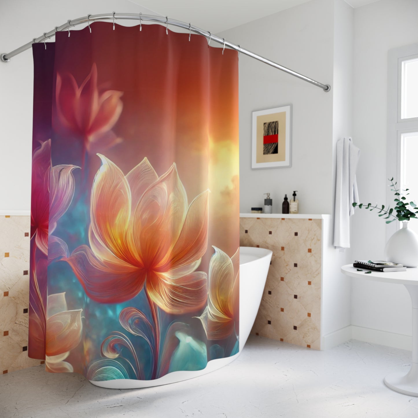 Artistic floral shower curtain displayed in a minimalist bathroom with calming tones.