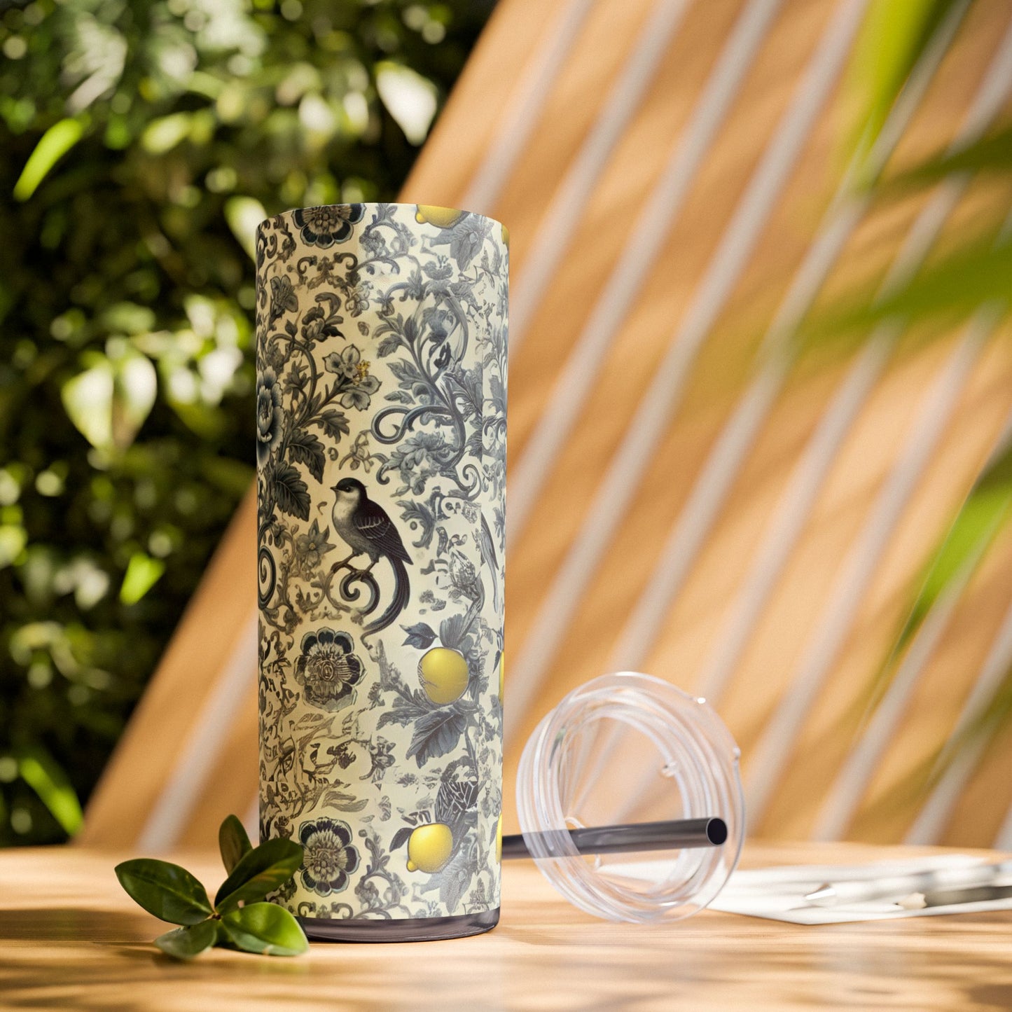 Blue Chinoiserie Lemon Tumbler | 20oz Insulated Travel Cup | Vintage Botanical Birds & Lemons | Includes Straw & Lid