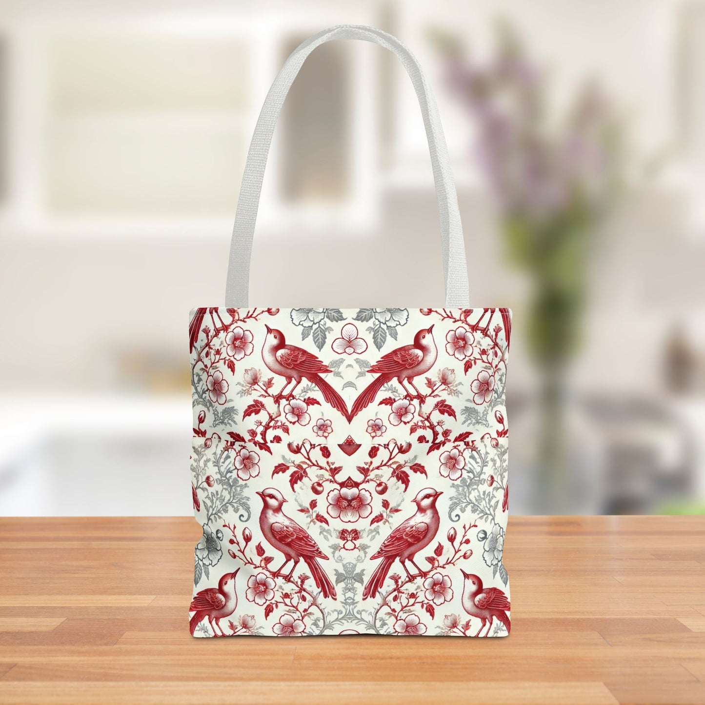 Red & Gray Chinoiserie Bird Tote Bag | Elegant Vintage Floral Baroque Tote | White or Black Handle Option | Reusable Fabric Bag