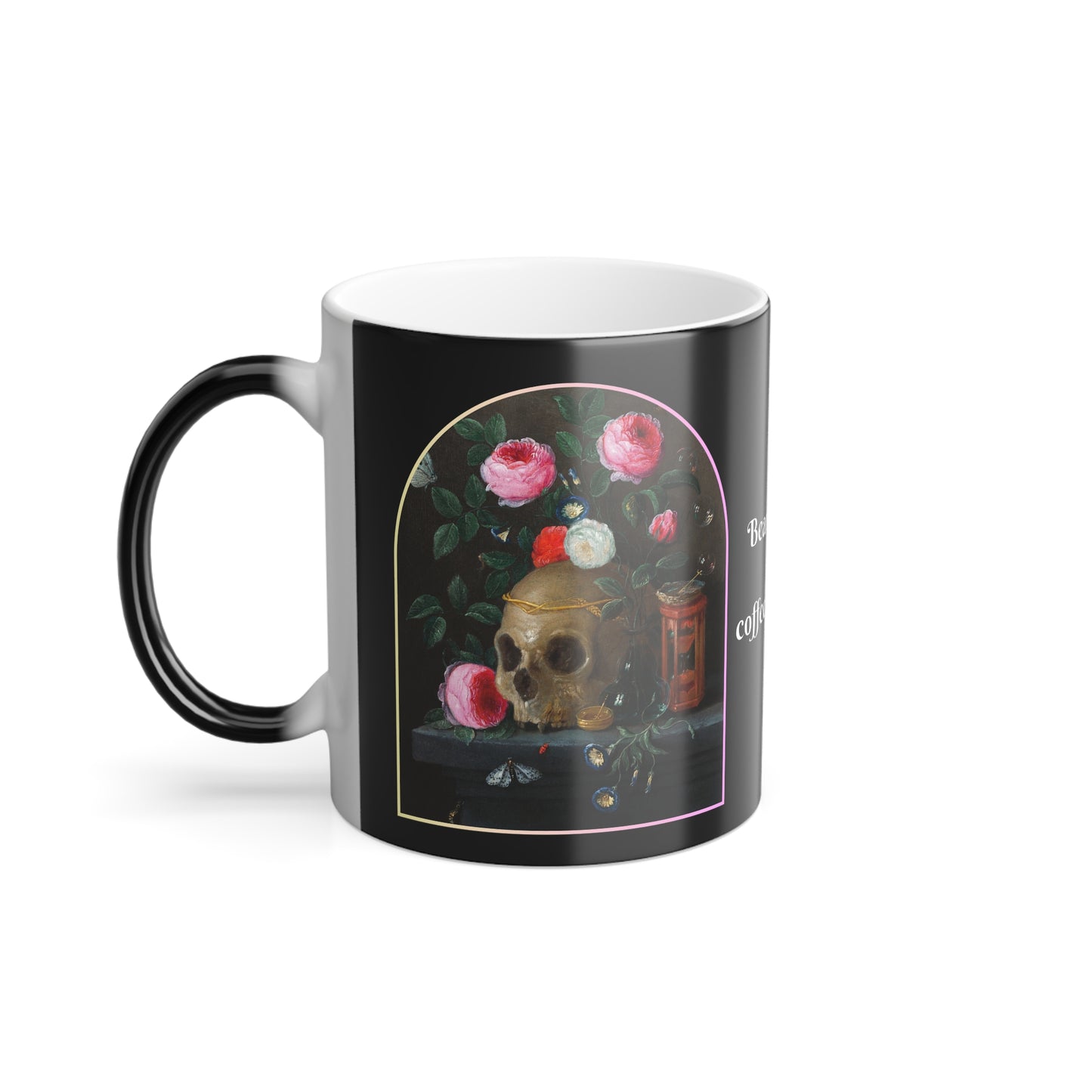 Heat-activated mug showing a vibrant vanitas-inspired skull surrounded by blooming roses, unveiled with hot coffee.