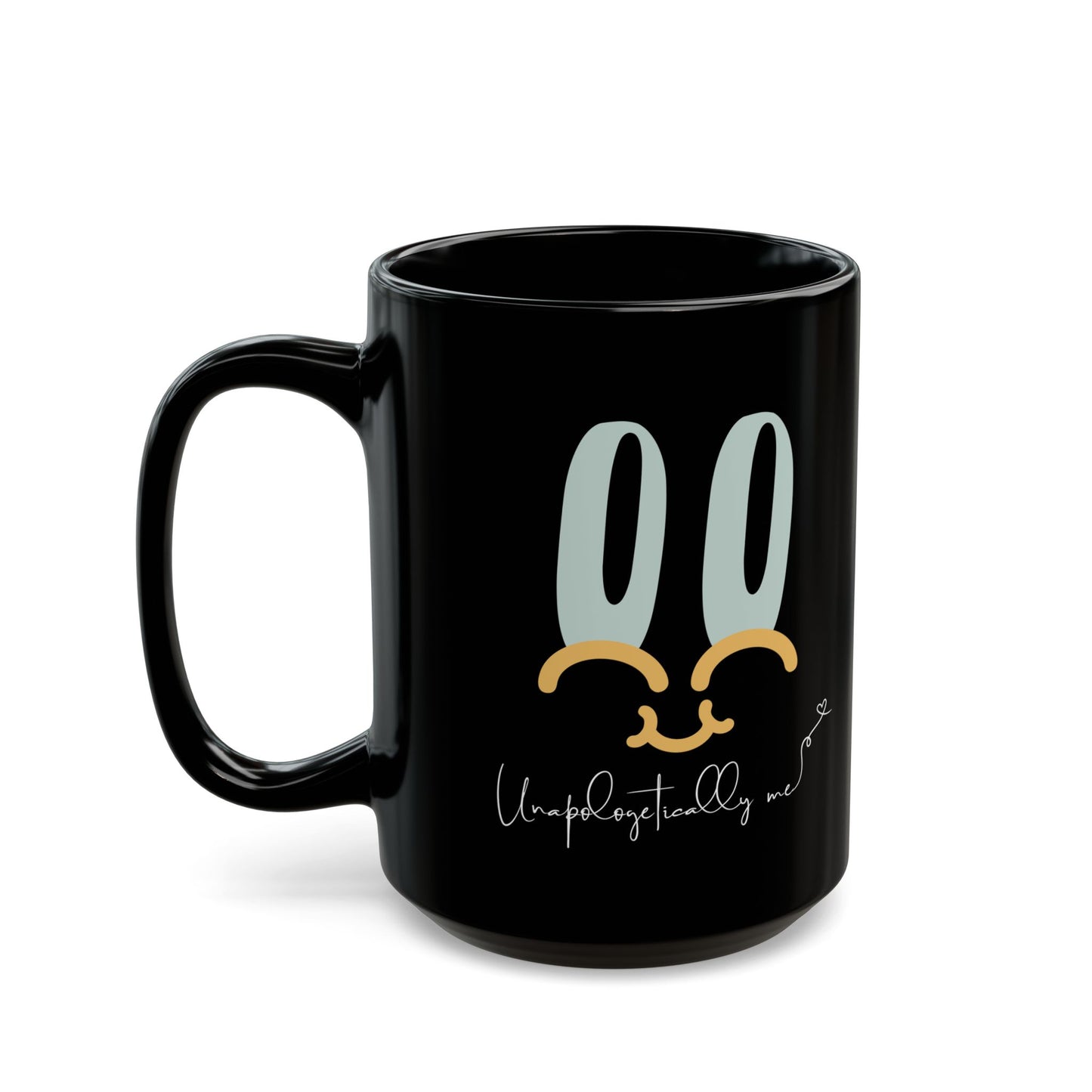 Black ceramic mug featuring a playful smiley face design and "Unapologetically Me" quote in cursive.