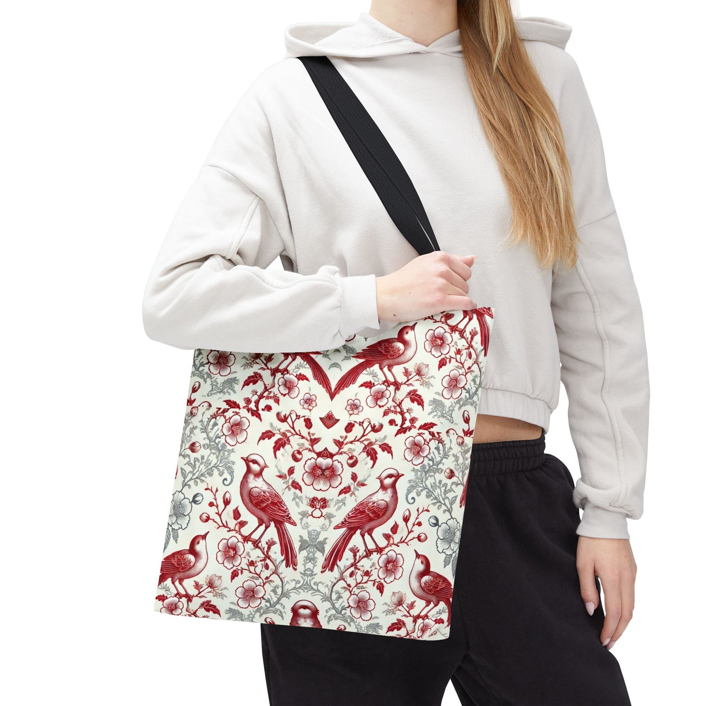 Red & Gray Chinoiserie Bird Tote Bag | Elegant Vintage Floral Baroque Tote | White or Black Handle Option | Reusable Fabric Bag