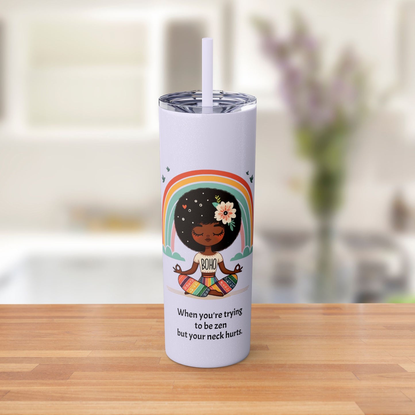 Front view of 20oz Zen Meditating Tumbler featuring a colorful rainbow and meditating figure with a flower in her hair, purple background.