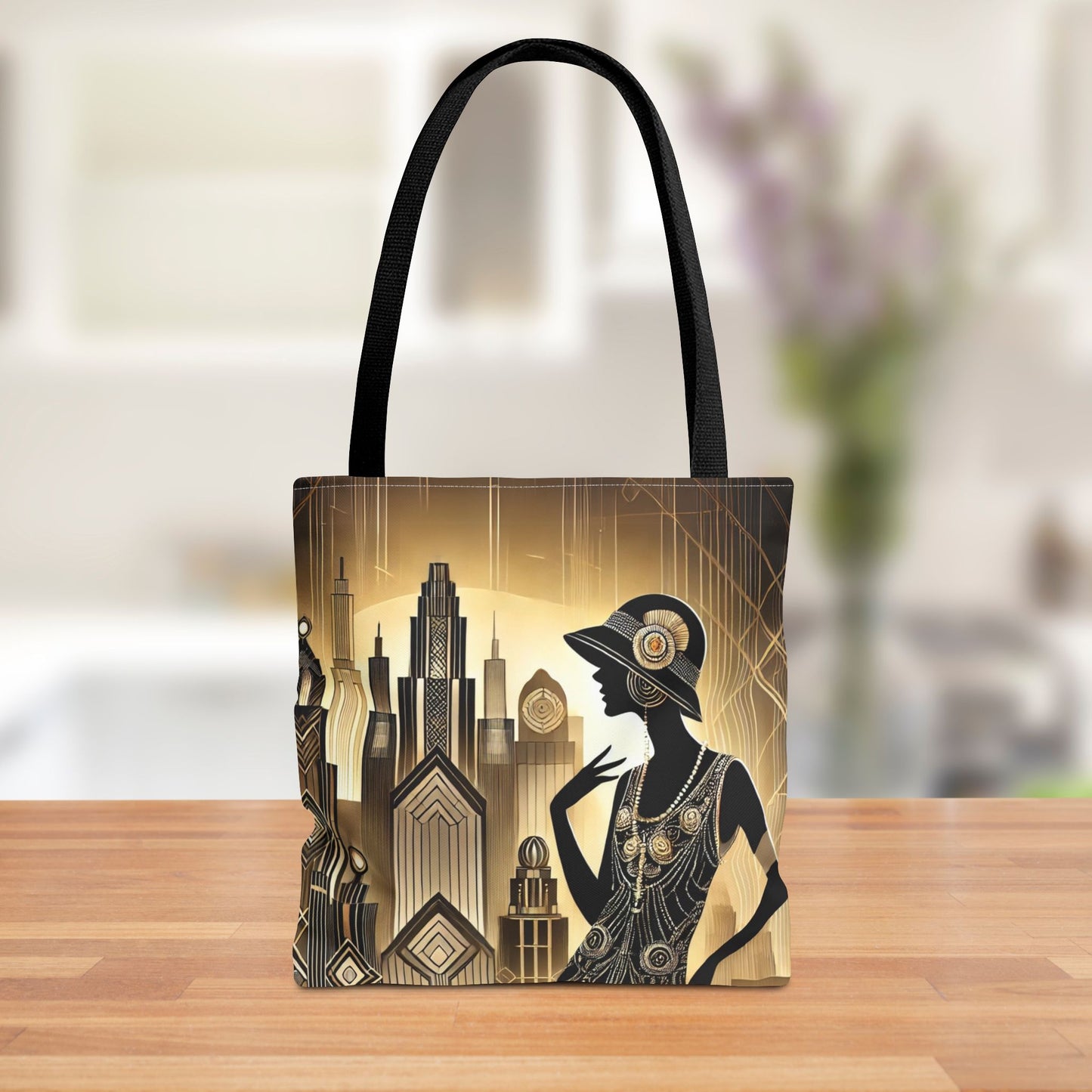 Front view of the Art Deco Skyline Tote Bag featuring a golden cityscape and vintage flapper silhouette.