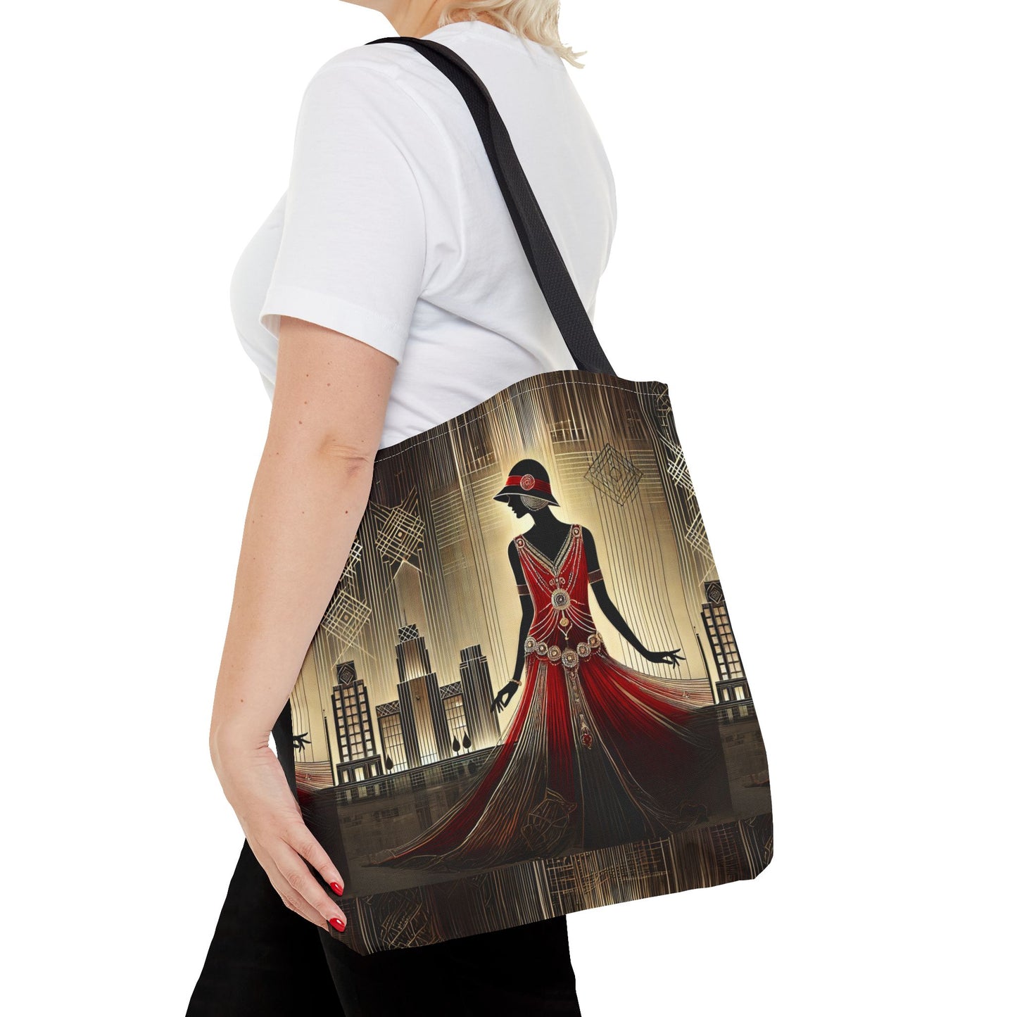 Lifestyle shot of the Art Deco Woman Tote Bag displayed on a wooden surface, highlighting its elegant design and functionality.