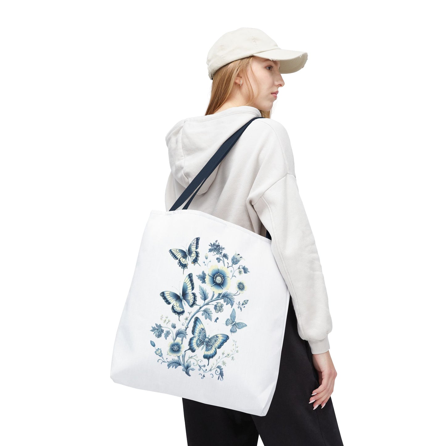 Chinoiserie Butterfly Tote Bag – Elegant Blue & White Floral Tote | Soft Polyester Shopping Bag | Aesthetic Everyday Carry-All
