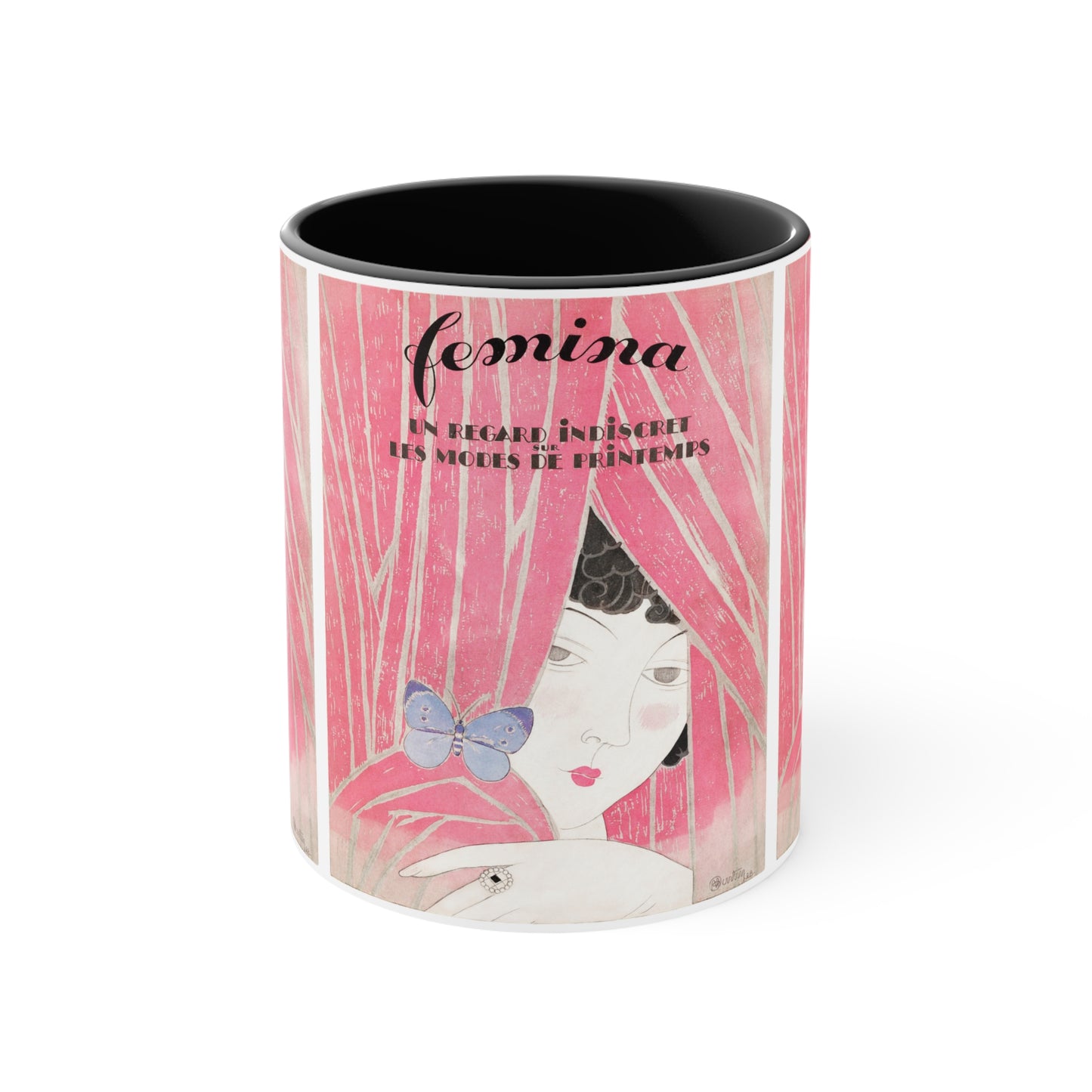 Femina Art Nouveau-inspired mug with pink and black design featuring a woman peeking behind a curtain and a butterfly.