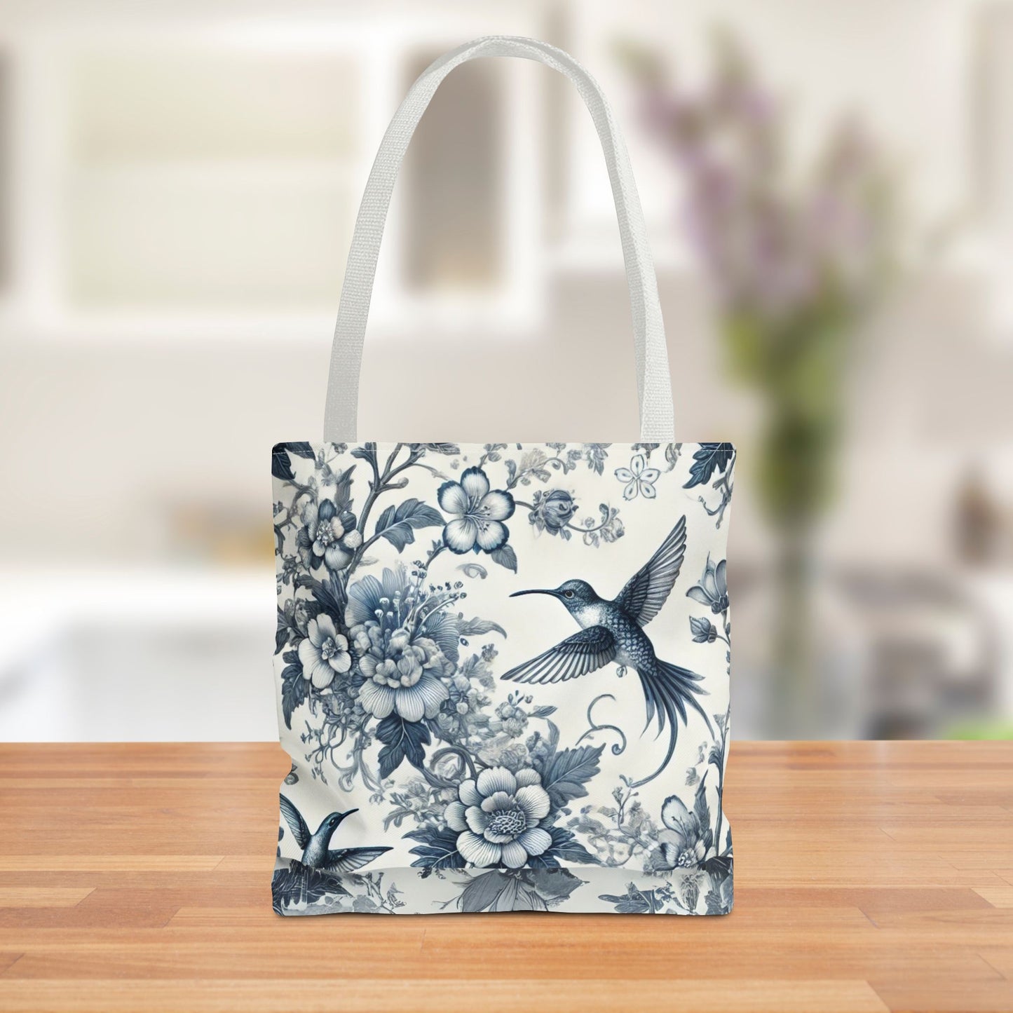 Chinoiserie Hummingbird Tote Bag – Blue & White Vintage Floral Bird Design | Durable Polyester Canvas | White or Navy Straps