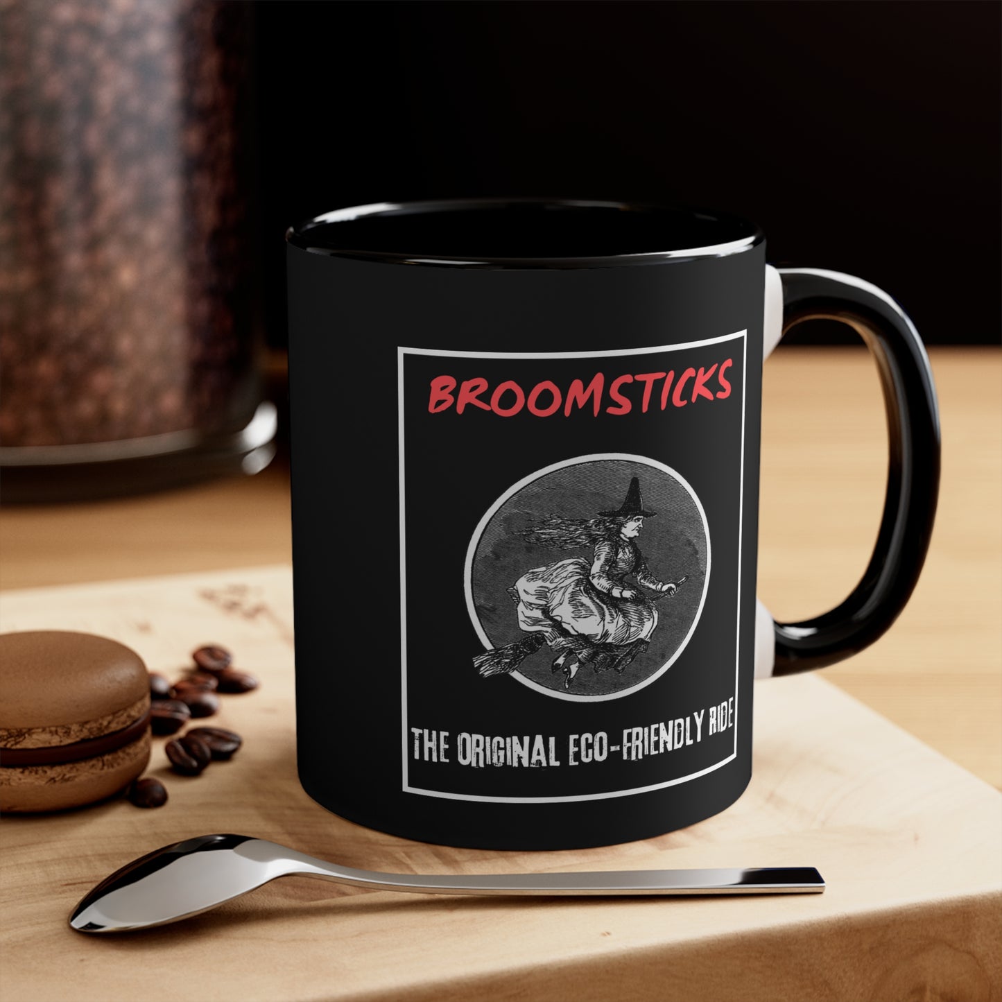 "Broomsticks: The Original Eco-Friendly Ride" Coffee Mug - Black Background