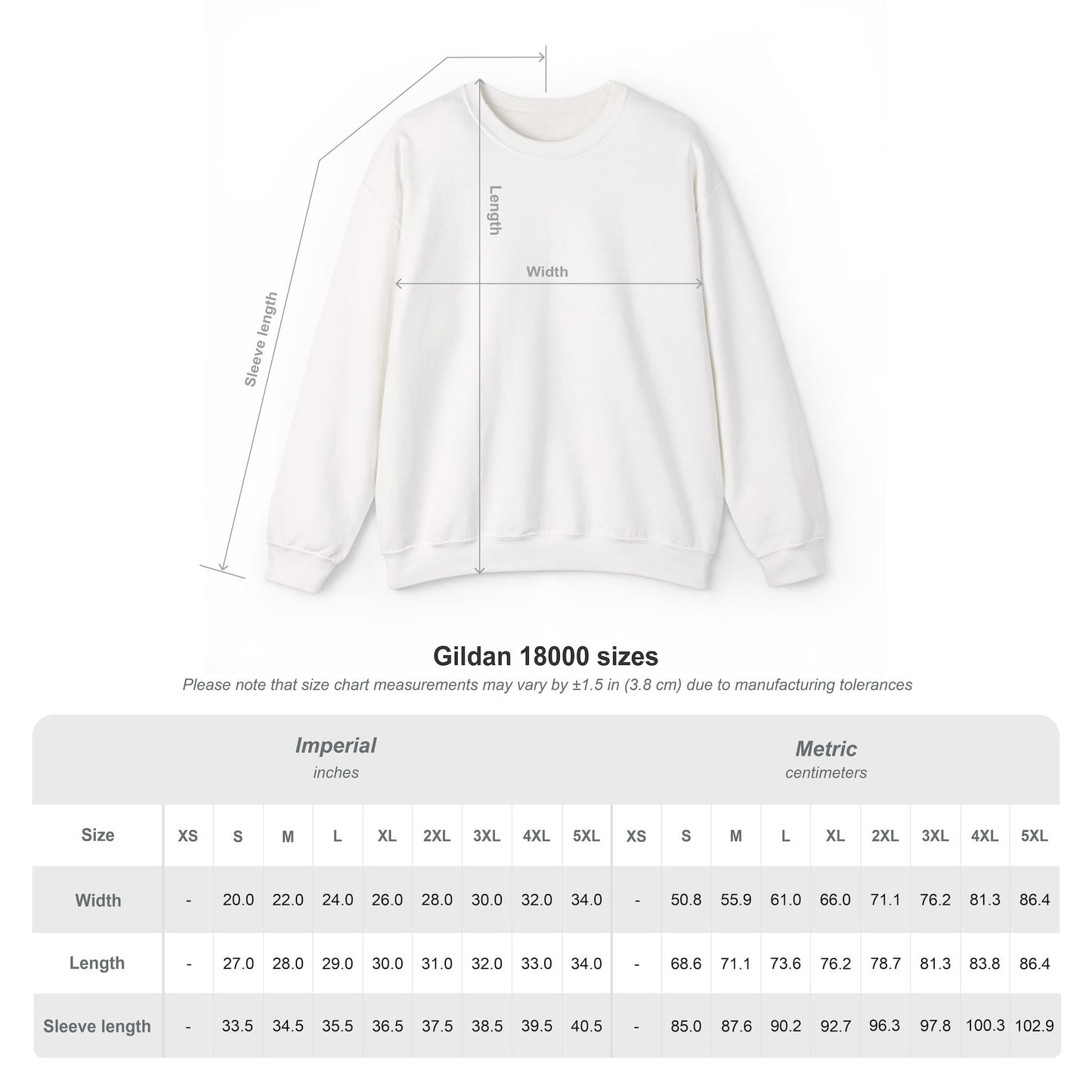 Sweatshirt with measurement chart on a white background