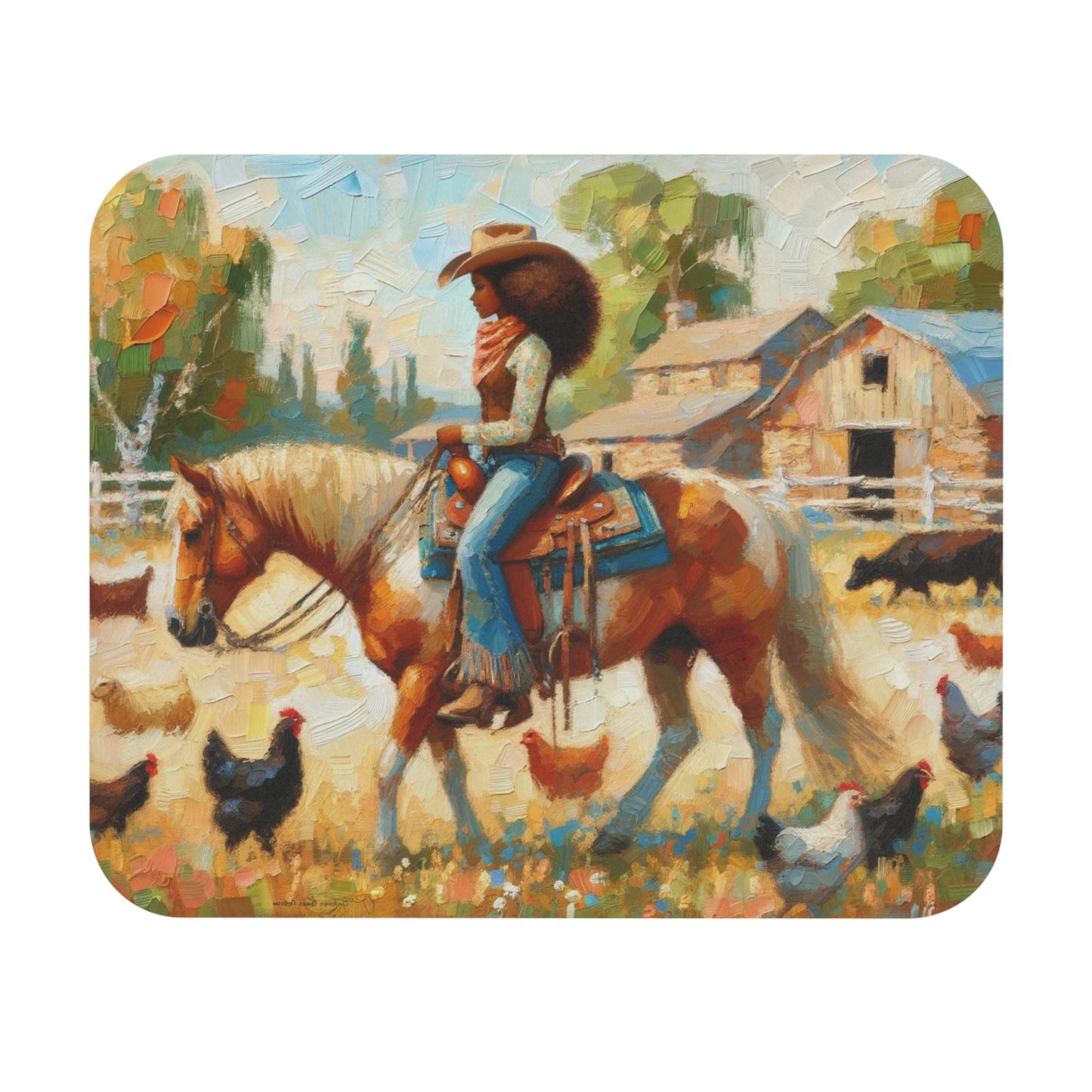 Personalized Mouse Pad | Rustic Farm Scene Mouse Pad | Cowgirl and Horse Art Mouse Pad