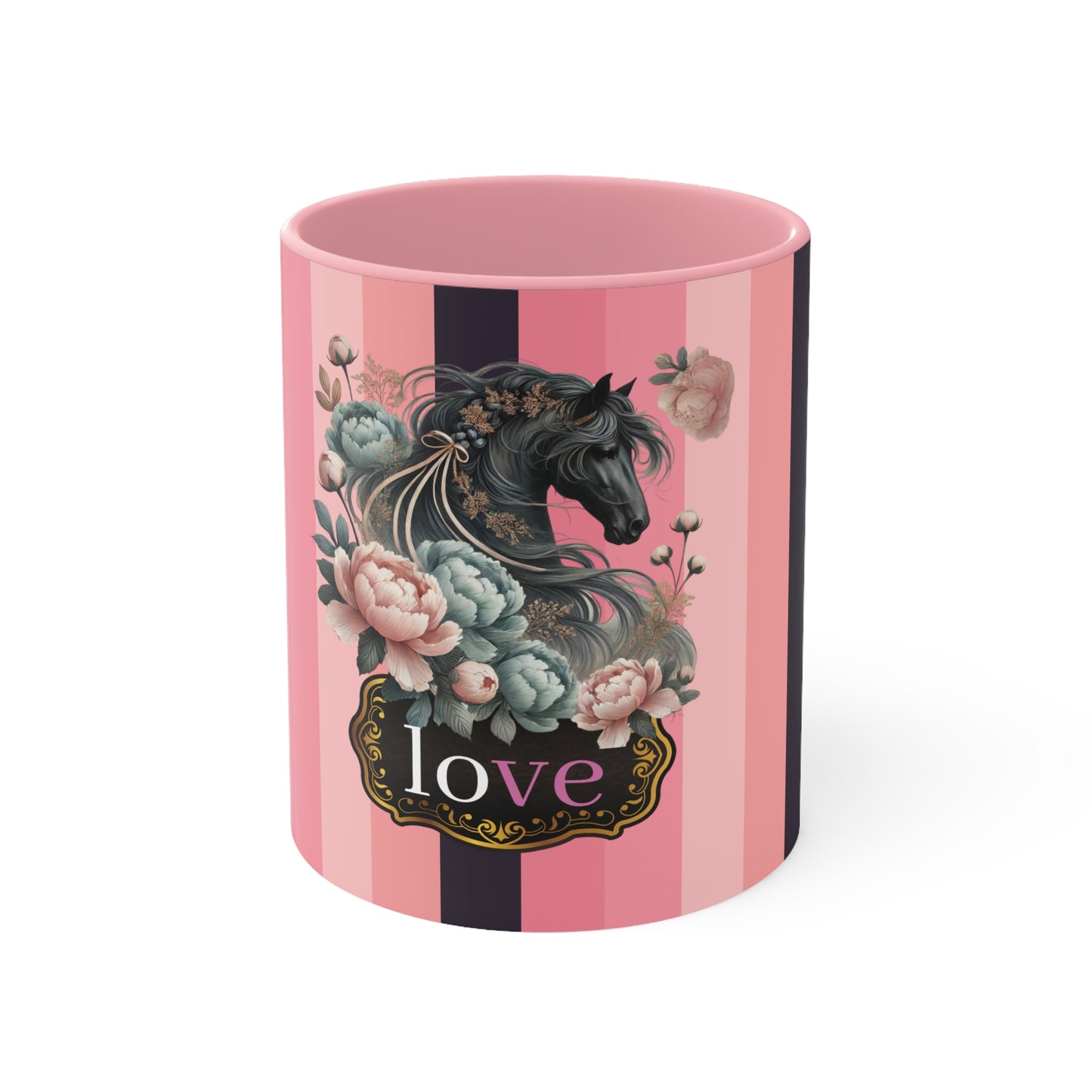 Romantic Horse and Floral Coffee Mug | Love Themed Pink and Black Striped Mug | Beautiful Equestrian Gift for Horse Lovers | 15oz Ceramic Cup