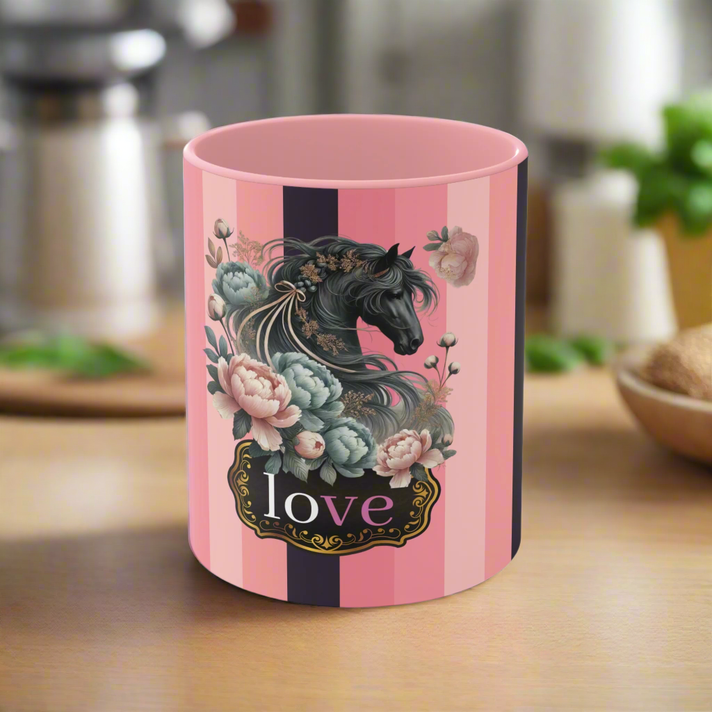 Romantic Horse and Floral Coffee Mug | Love Themed Pink and Black Striped Mug | Beautiful Equestrian Gift for Horse Lovers | 15oz Ceramic Cup