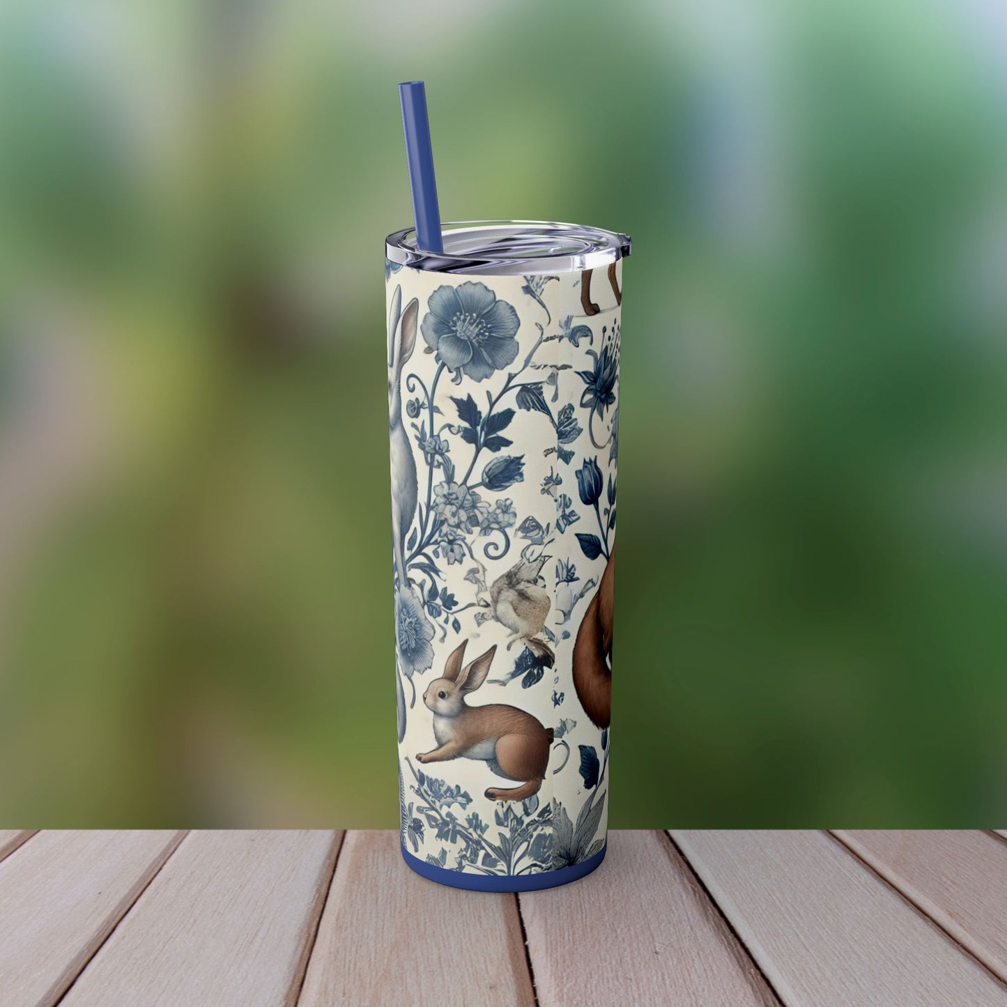 Chinoiserie Blue & White Forest Animals Tumbler | 20oz Maars Stainless Steel Insulated Tumbler with Lid & Straw | Fox & Rabbit Floral Travel Mug