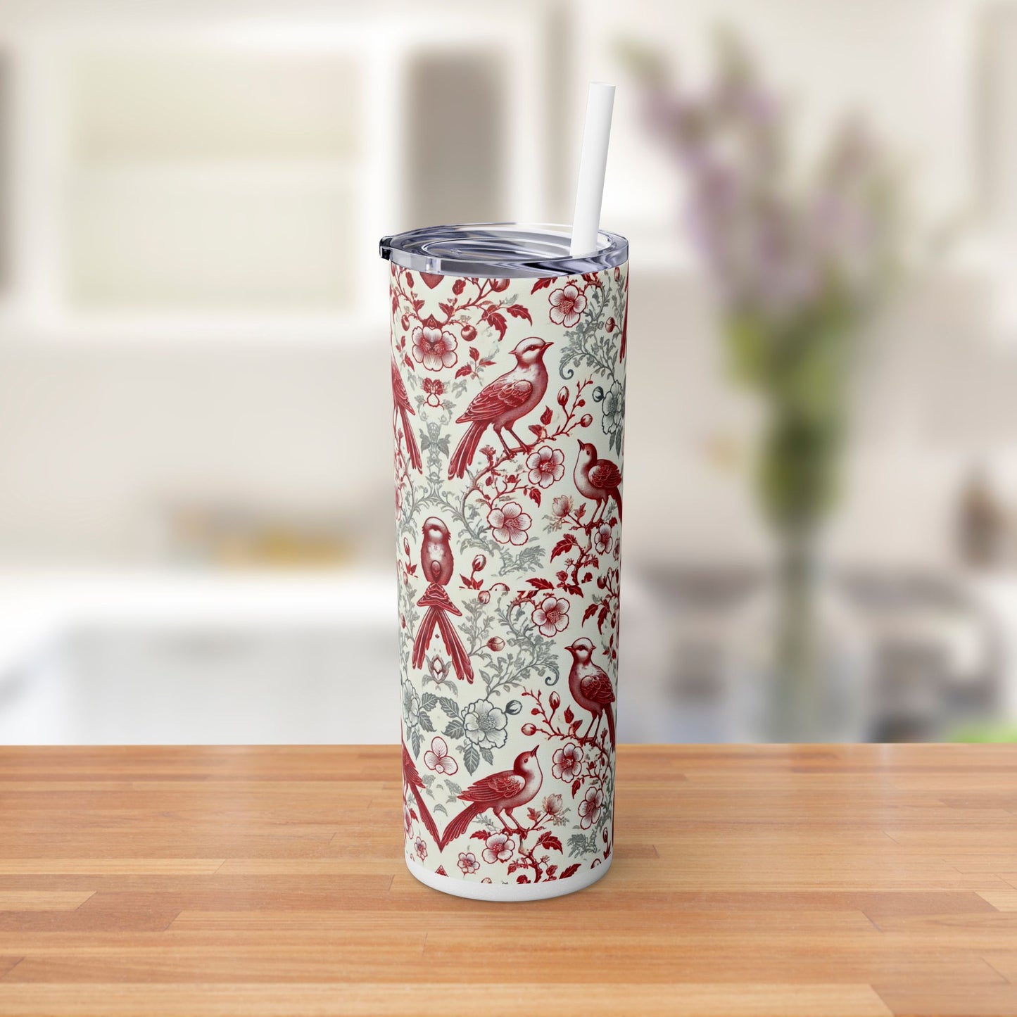 Red & White Chinoiserie Bird Tumbler – 20oz Maars Skinny Tumbler with Straw | Insulated Stainless Steel Travel Mug