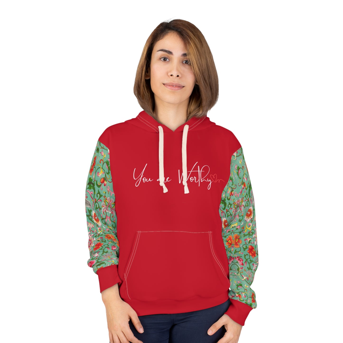 Woman wearing the 'You Are Worthy' hoodie, highlighting the vintage floral design and positive message.