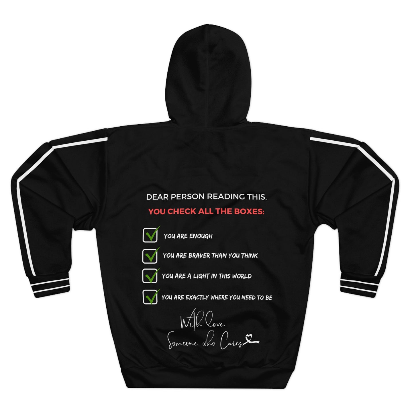 Back view of Happy Vibes hoodie with positive affirmation checkboxes