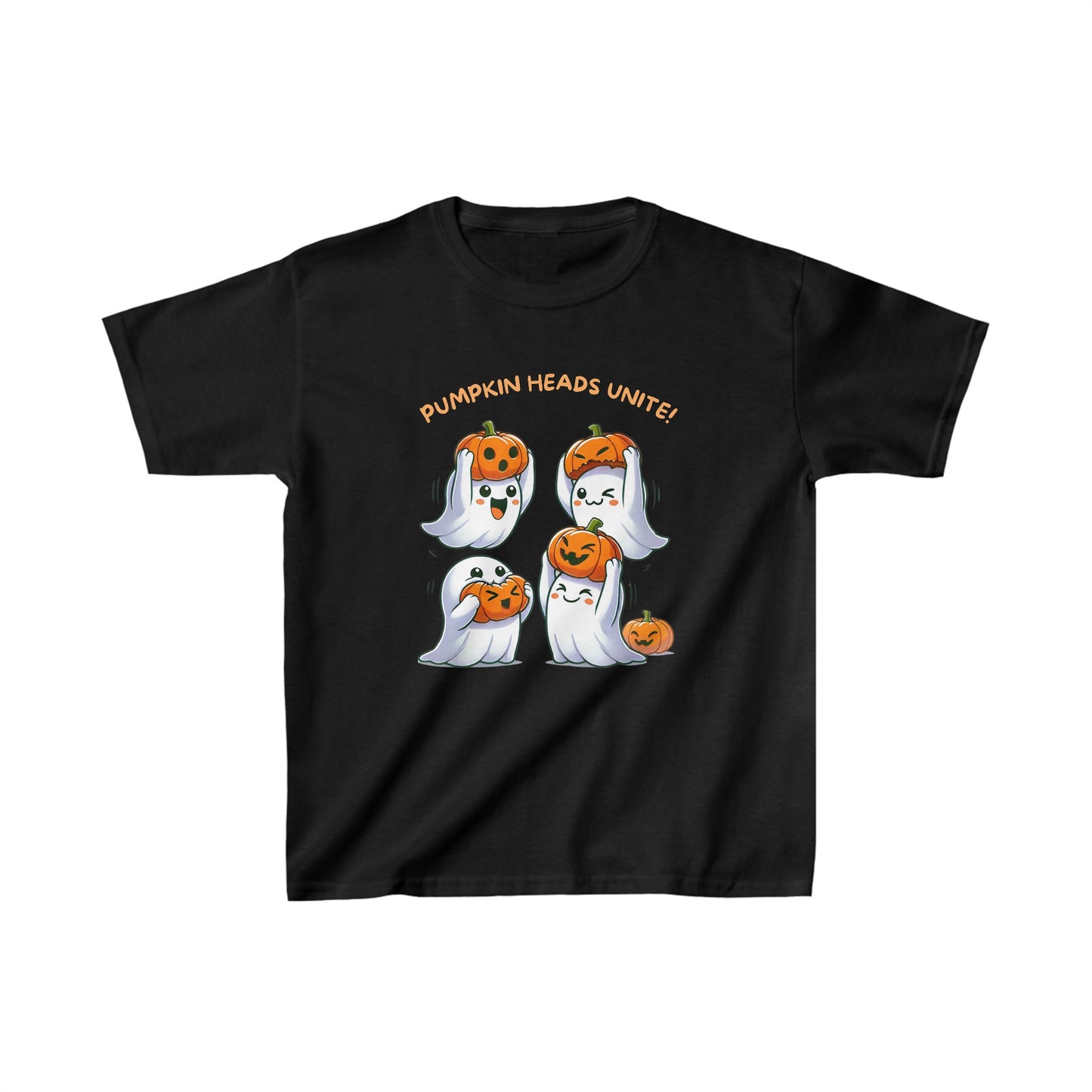 Front view of black "Pumpkin Heads Unite!" kids Halloween T-shirt with cute ghosts and pumpkin heads design.