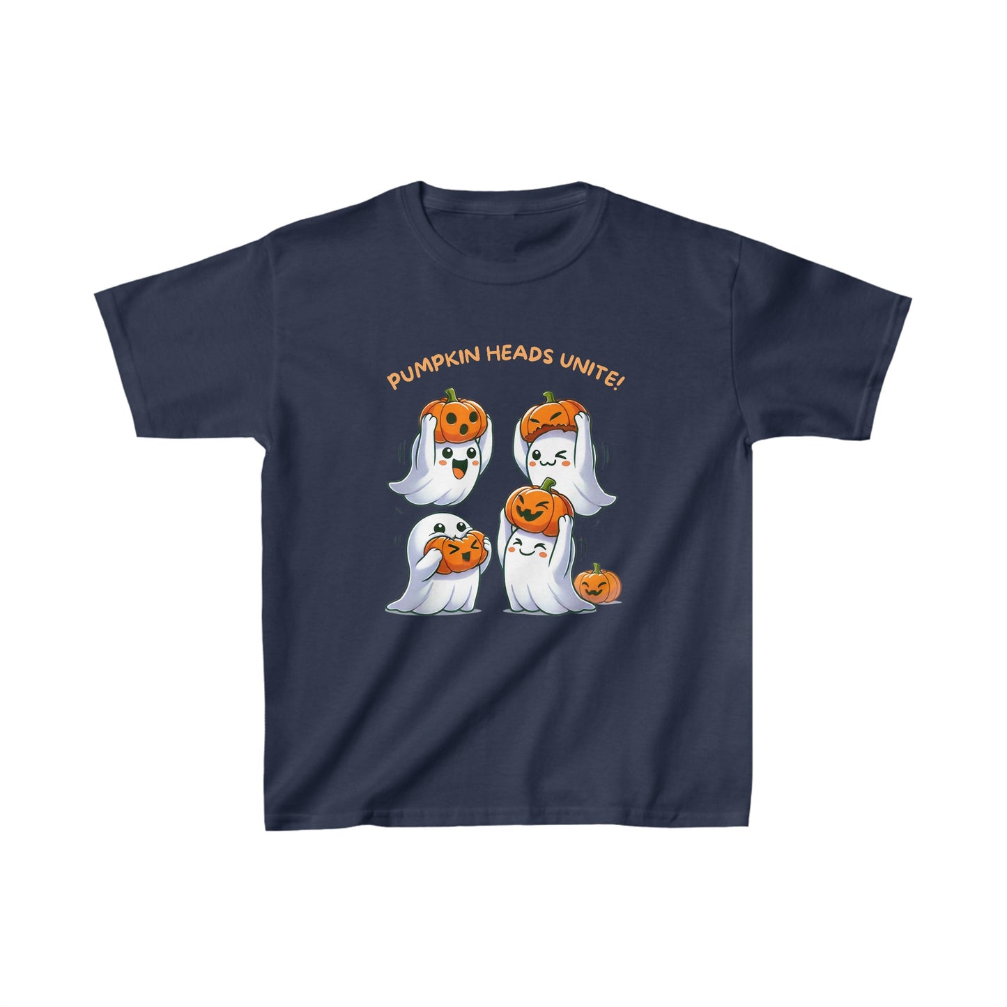 Front view of navy blue "Pumpkin Heads Unite!" kids Halloween T-shirt with festive pumpkin head ghosts.