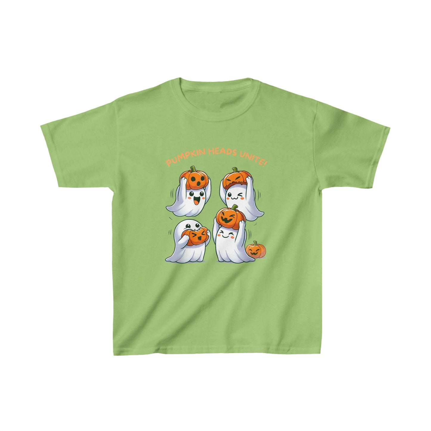 Front view of lime green "Pumpkin Heads Unite!" kids Halloween T-shirt featuring adorable ghost characters.