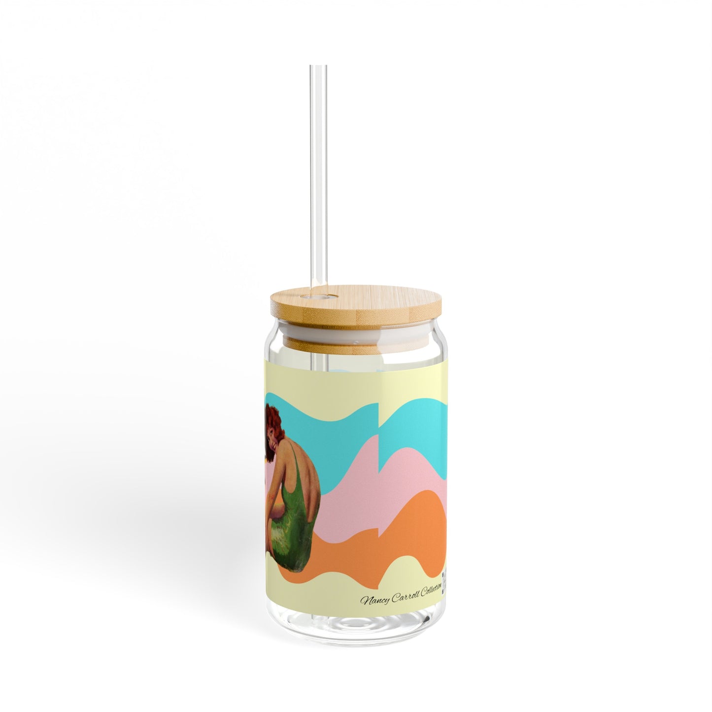 Vintage Nancy Carroll Glass Tumbler with Bamboo Lid and Straw - Retro Beach Vibes