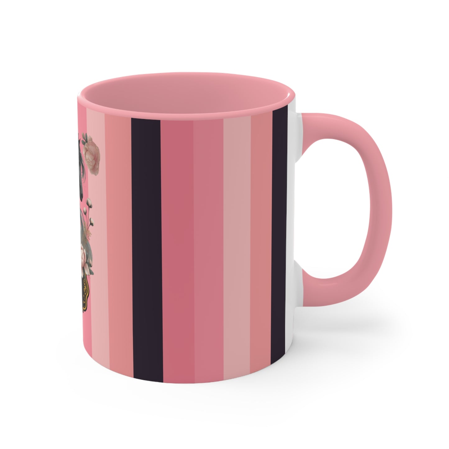 Romantic Horse and Floral Coffee Mug | Love Themed Pink and Black Striped Mug | Beautiful Equestrian Gift for Horse Lovers | 15oz Ceramic Cup