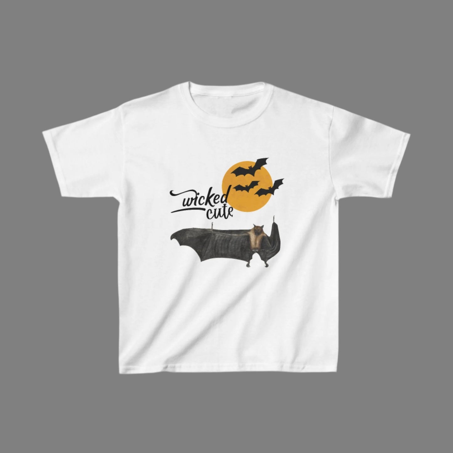 Front view of a white Wicked Cute Bat Halloween Kids T-Shirt featuring a playful bat design.