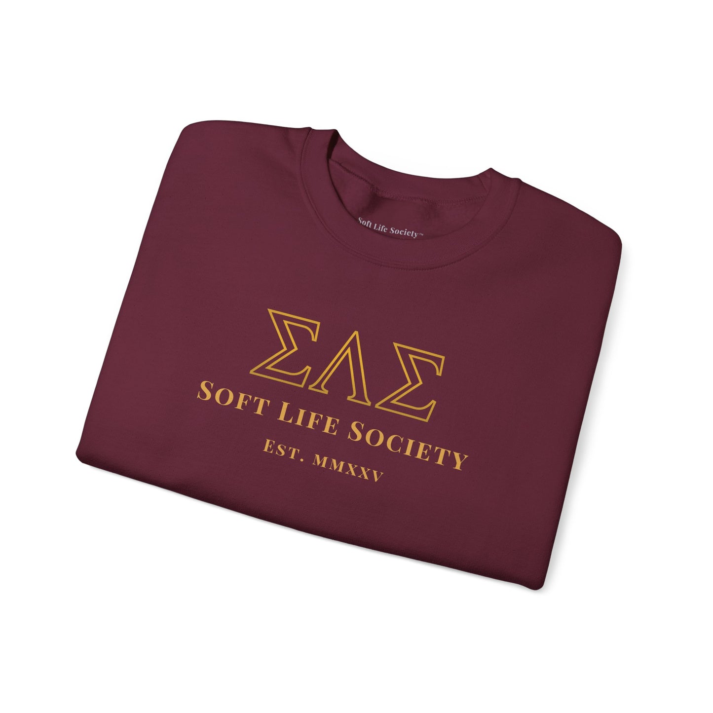Soft Life Society™ Sorority Crewneck Sweatshirt | ΣΛΣ Vintage Embroidery | Unisex Heavy Blend in Black & Maroon