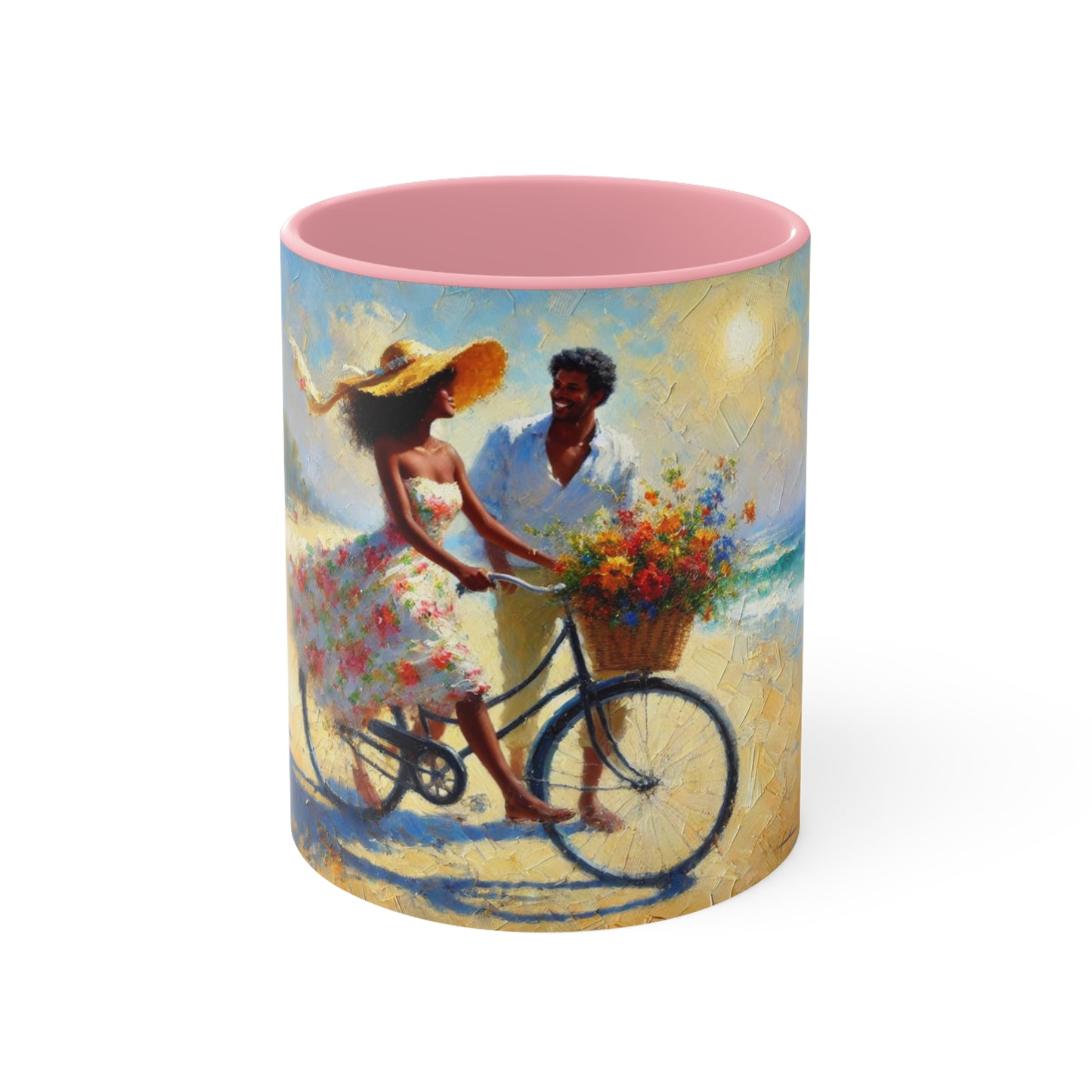 Romantic Beach Scene Coffee Mug | Couple on Bicycle with Floral Basket | Summer-Themed 11oz Ceramic Mug | Gift for Couples