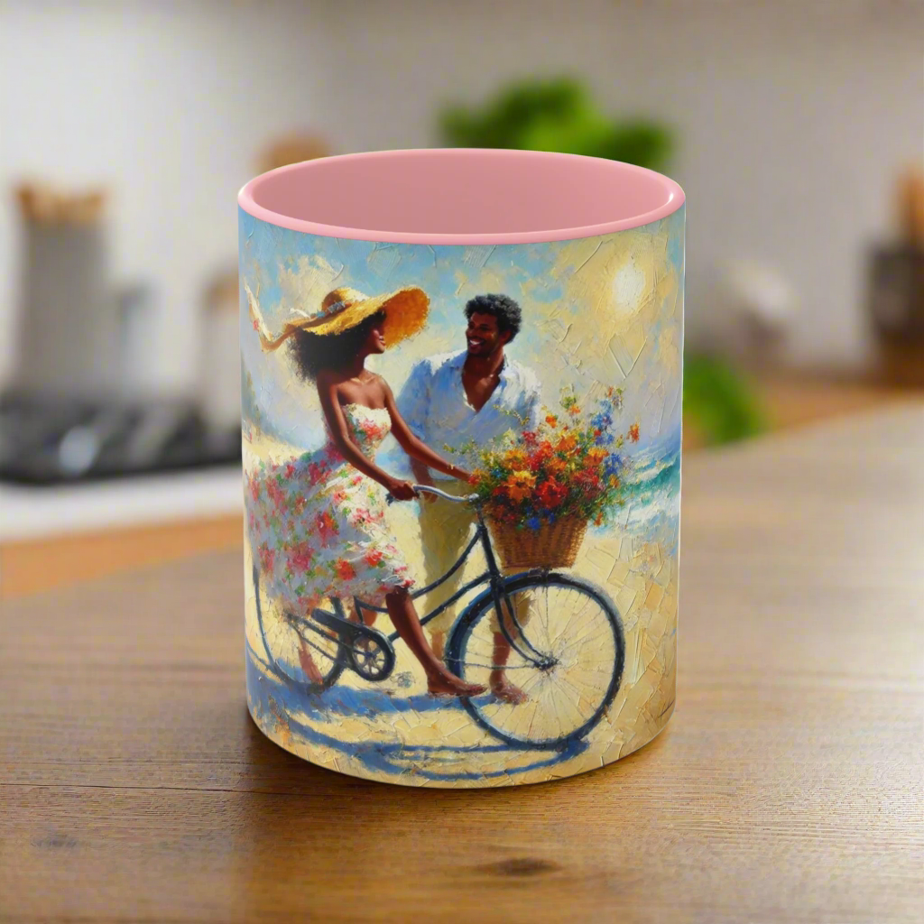 "Artistic coffee mug featuring a romantic beach scene with a couple on a bicycle, a basket of colorful flowers, and a vibrant sunny background