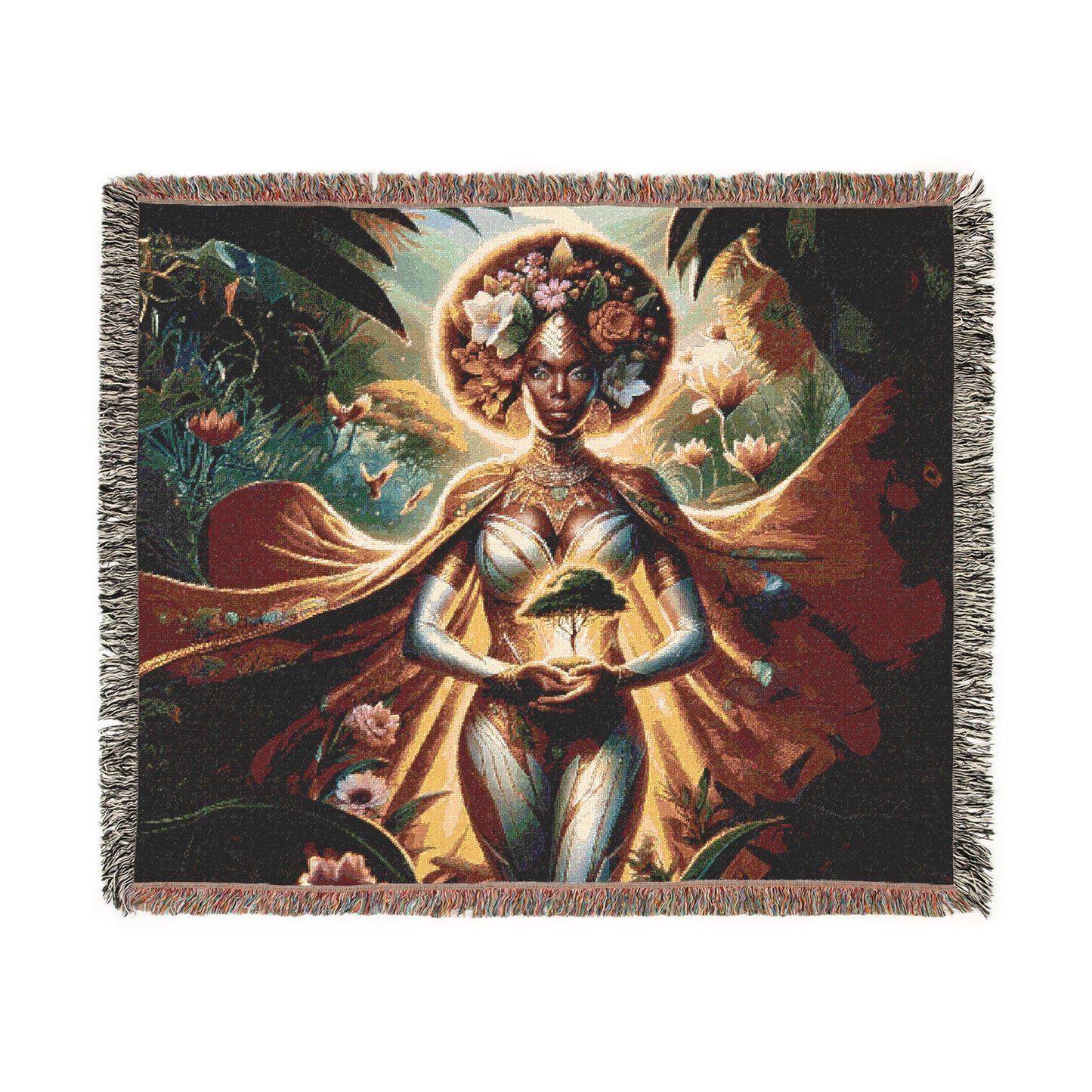 A vibrant woven blanket displaying a nature-inspired design of a radiant woman holding a glowing tree sapling. She is surrounded by lush foliage, blooming flowers, and a mystical glow. Blanket is offered in three sizes