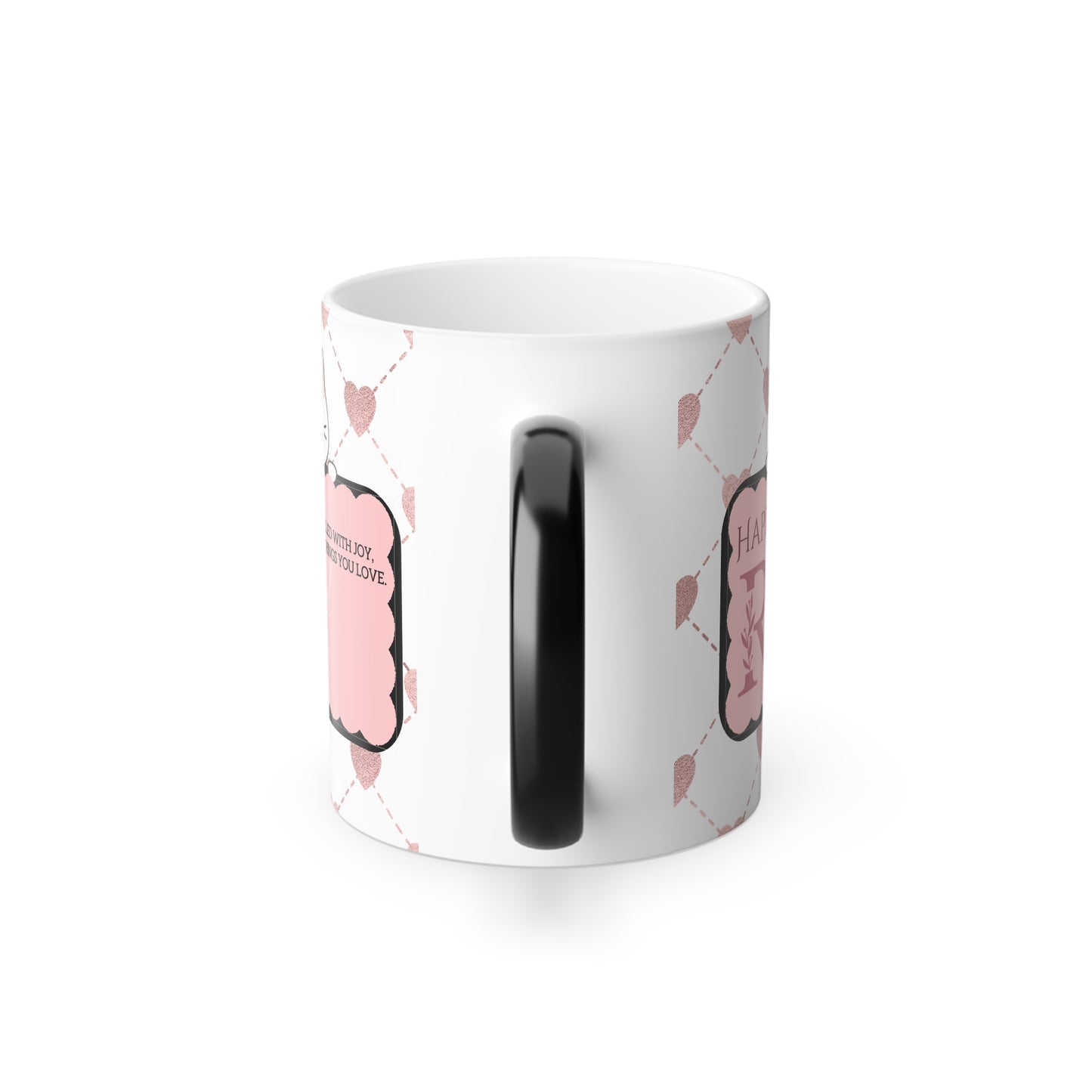 Back view of Magic morphing birthday mug with personalized message and cat design.