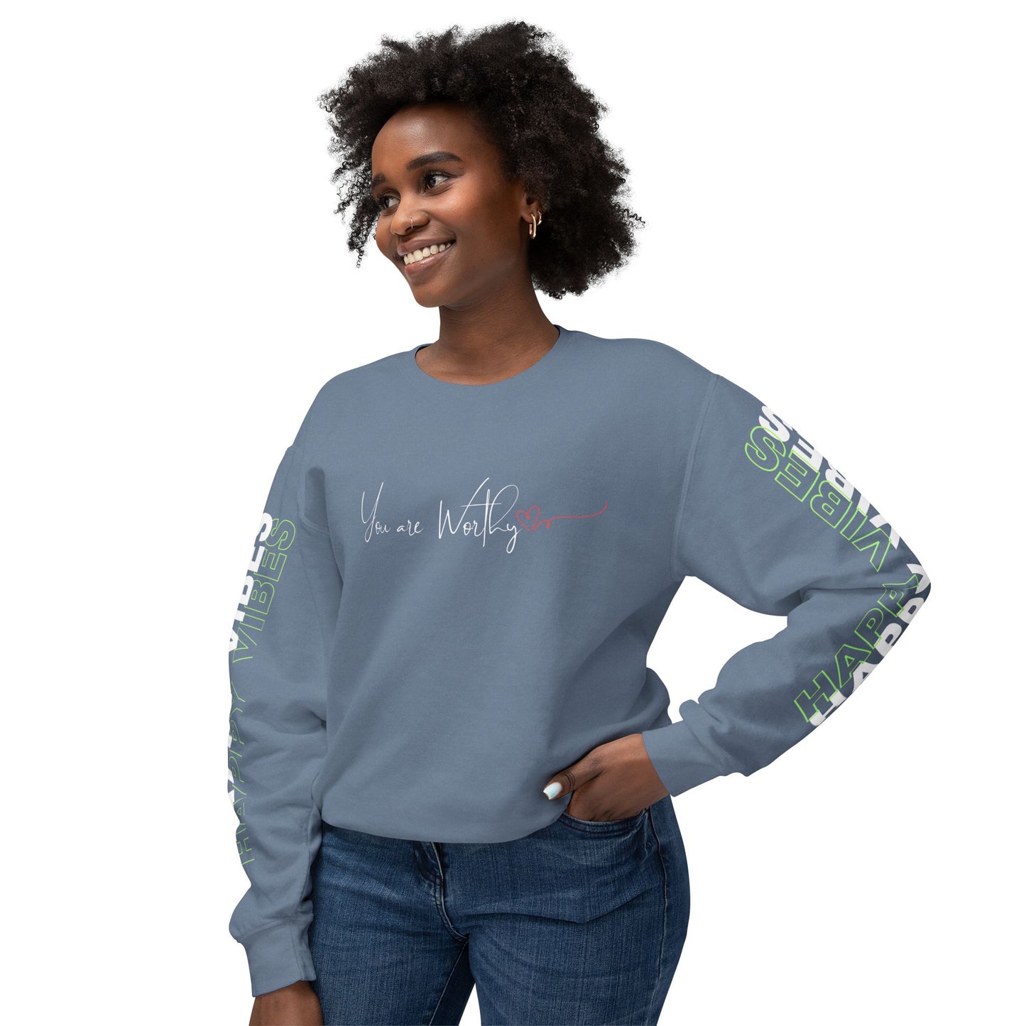 Woman showcasing the front of the Happy Vibes Unisex Sweatshirt with a checklist of positive affirmations. Blue Jean color