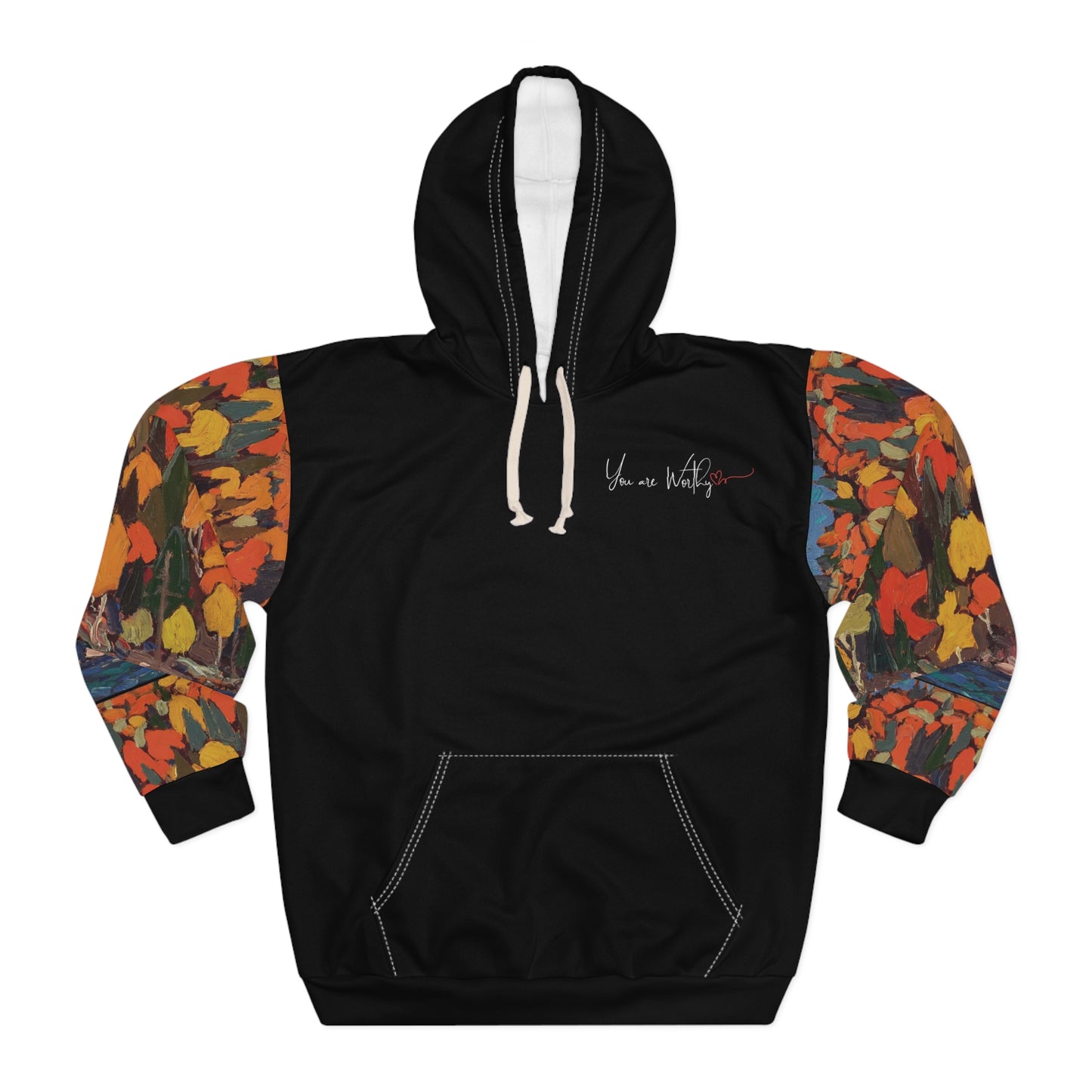 Front view of the autumn foliage hoodie featuring “You are Worthy” text and vibrant foliage print sleeves.