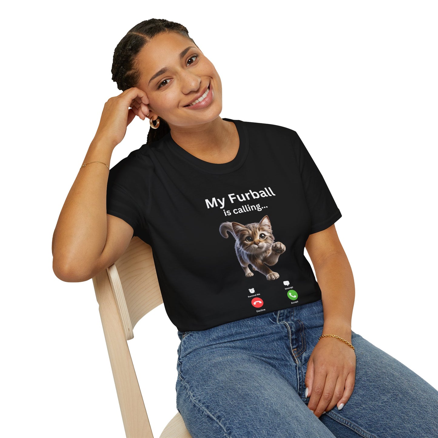 Soft cotton T-shirt for cat lovers with "My Furball is calling" message