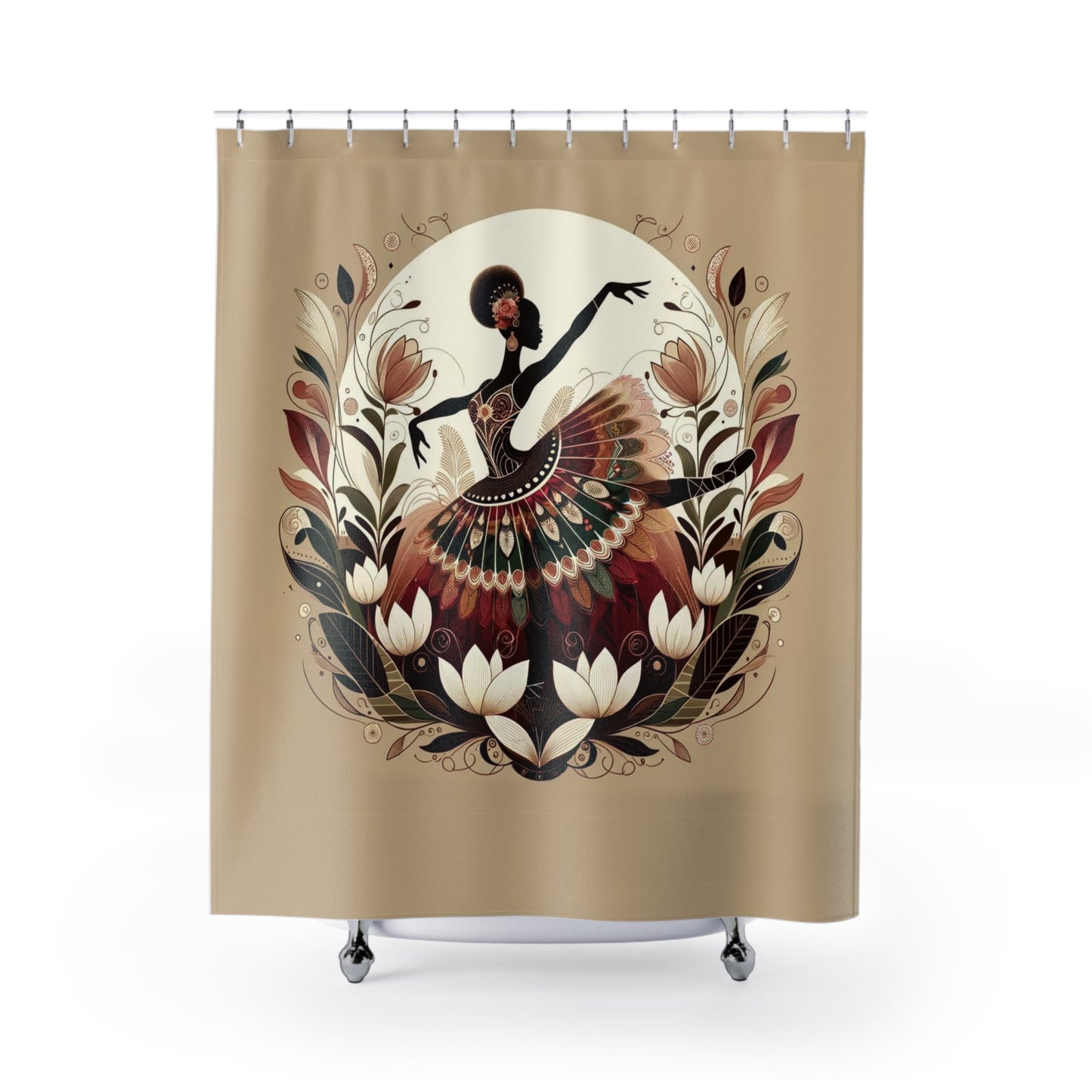 Artistic dancer design on a shower curtain, ideal for elegant and unique bathroom decor.