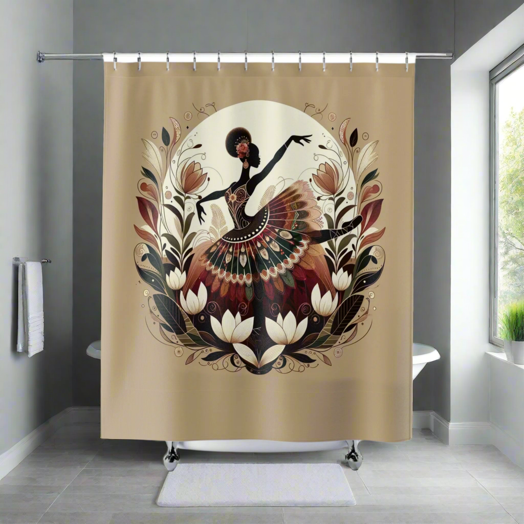 Afro-centric shower curtain featuring an elegant dancer surrounded by intricate floral patterns.