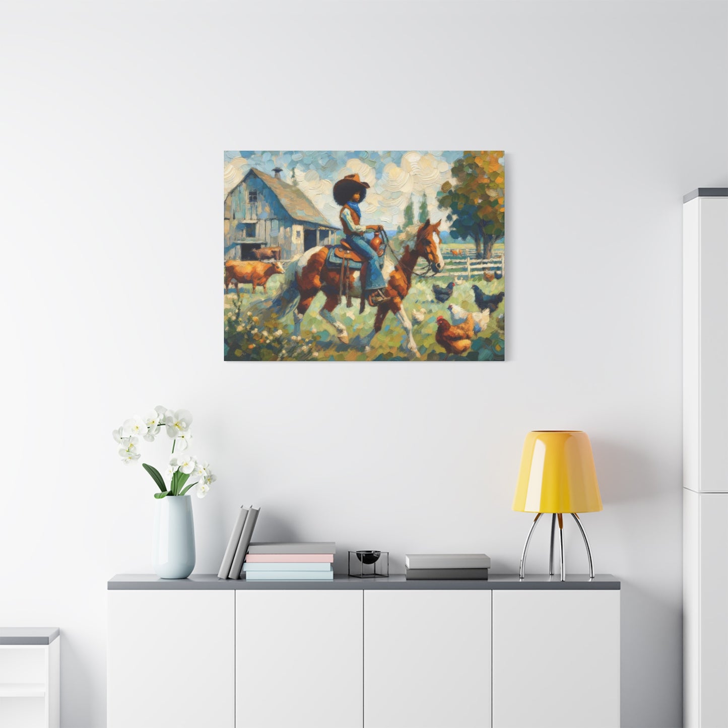 Rustic Farmhouse Wall Art | Cowgirl on Horse Stretched Canvas | Country Barnyard Decor