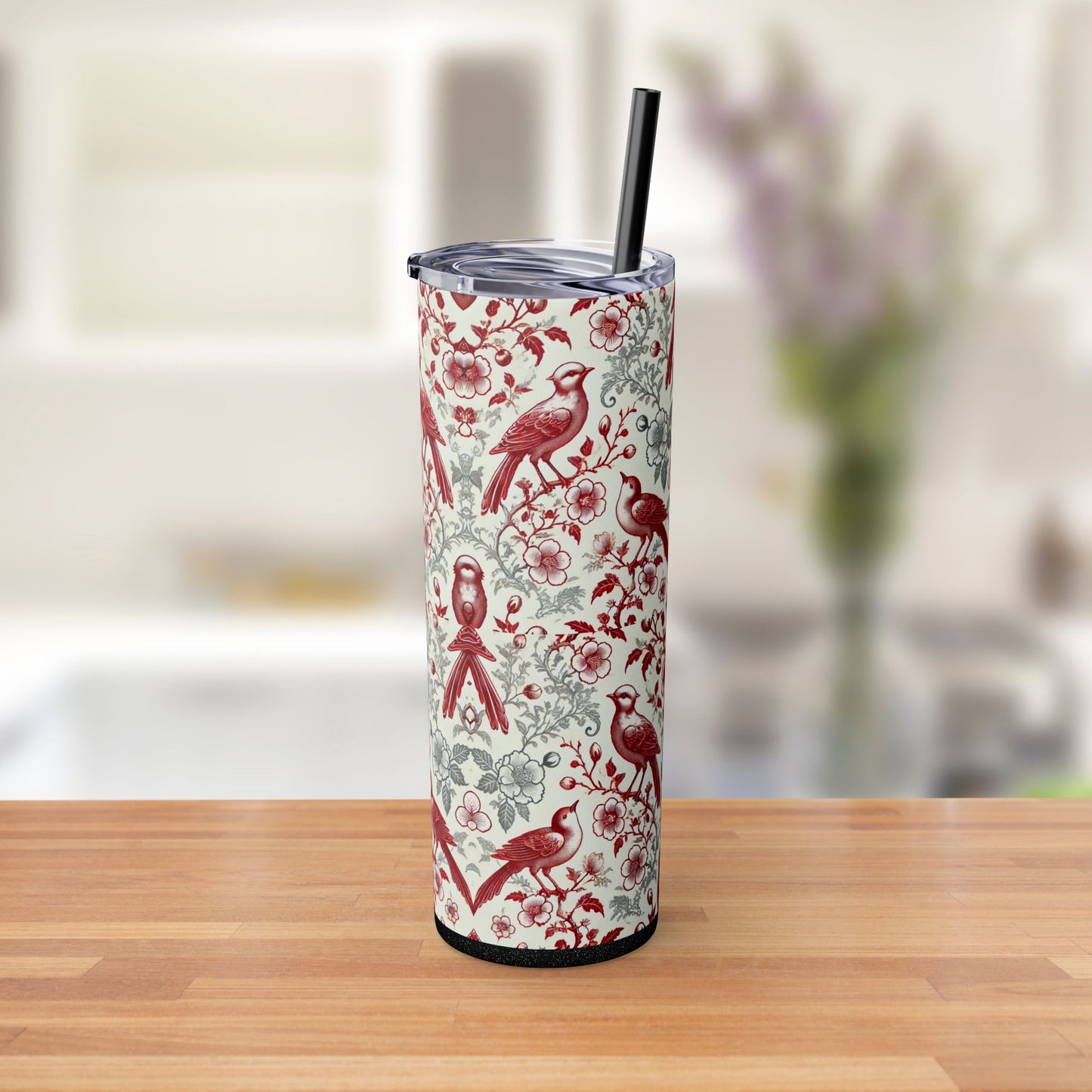 Red & White Chinoiserie Bird Tumbler – 20oz Maars Skinny Tumbler with Straw | Insulated Stainless Steel Travel Mug