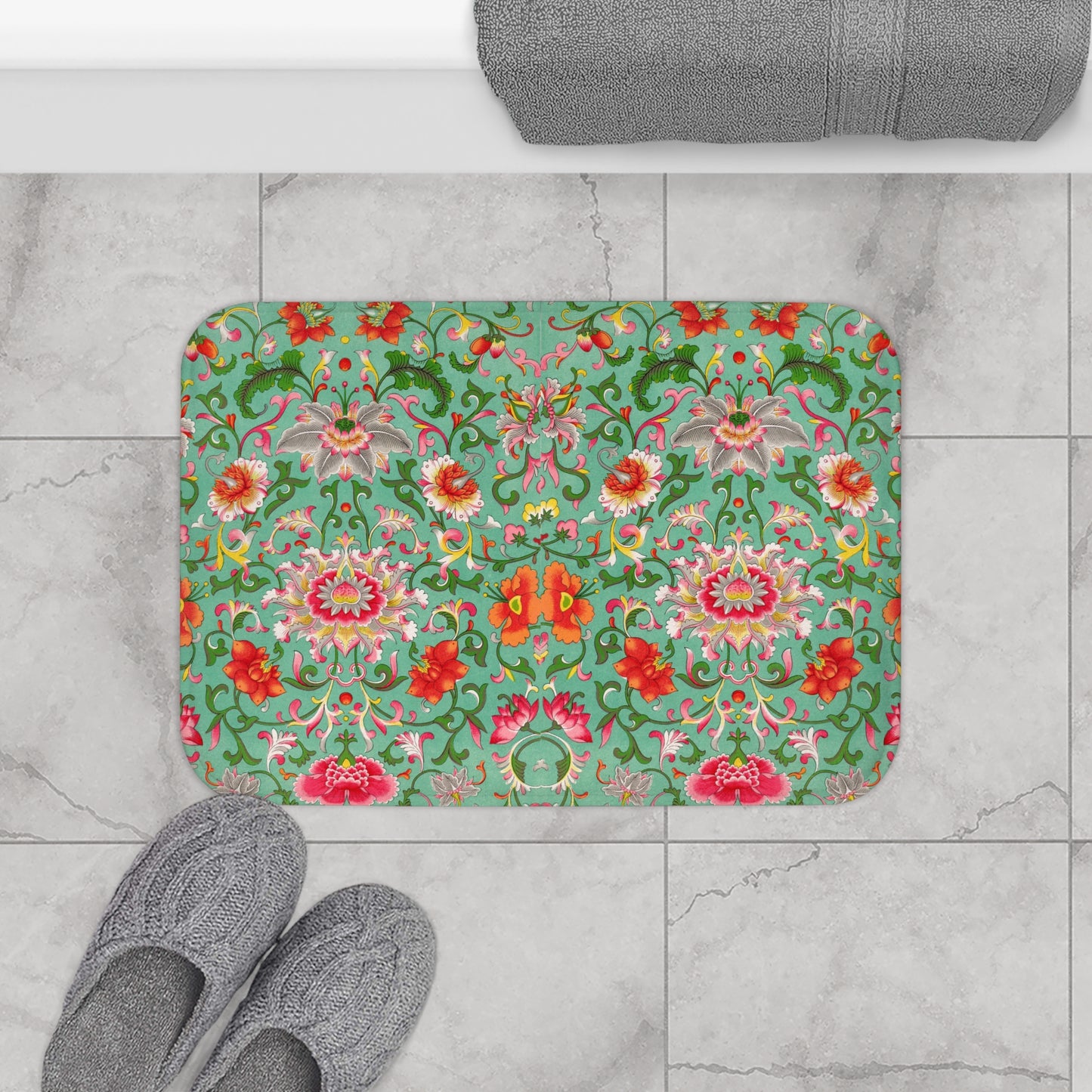 Elegant Floral Bath Mat featuring Chinese Ornament Design by Owen Jones