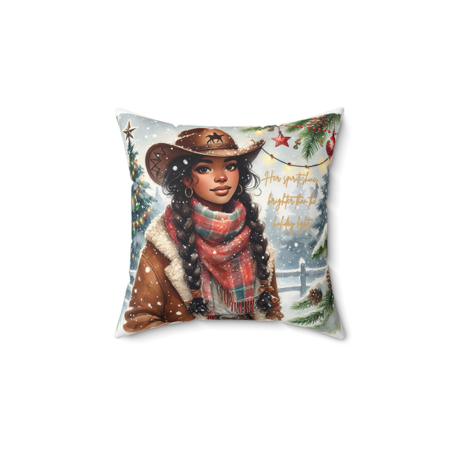 Decorative holiday pillow on a cozy chair, showcasing a rustic Western cowgirl in a snowy winter setting.