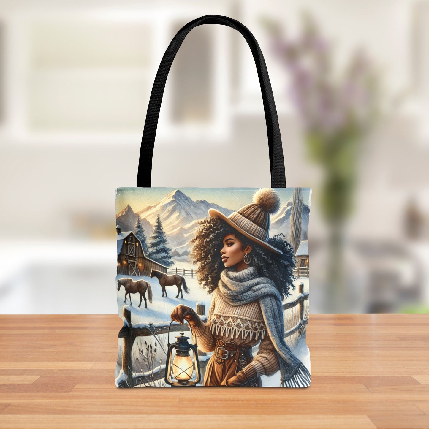 Winter Ranch Scene Tote Bag, Country Western-Inspired Polyester Tote with Cozy Lantern and Plaid Snowflake Backside | Perfect for Winter Fashion