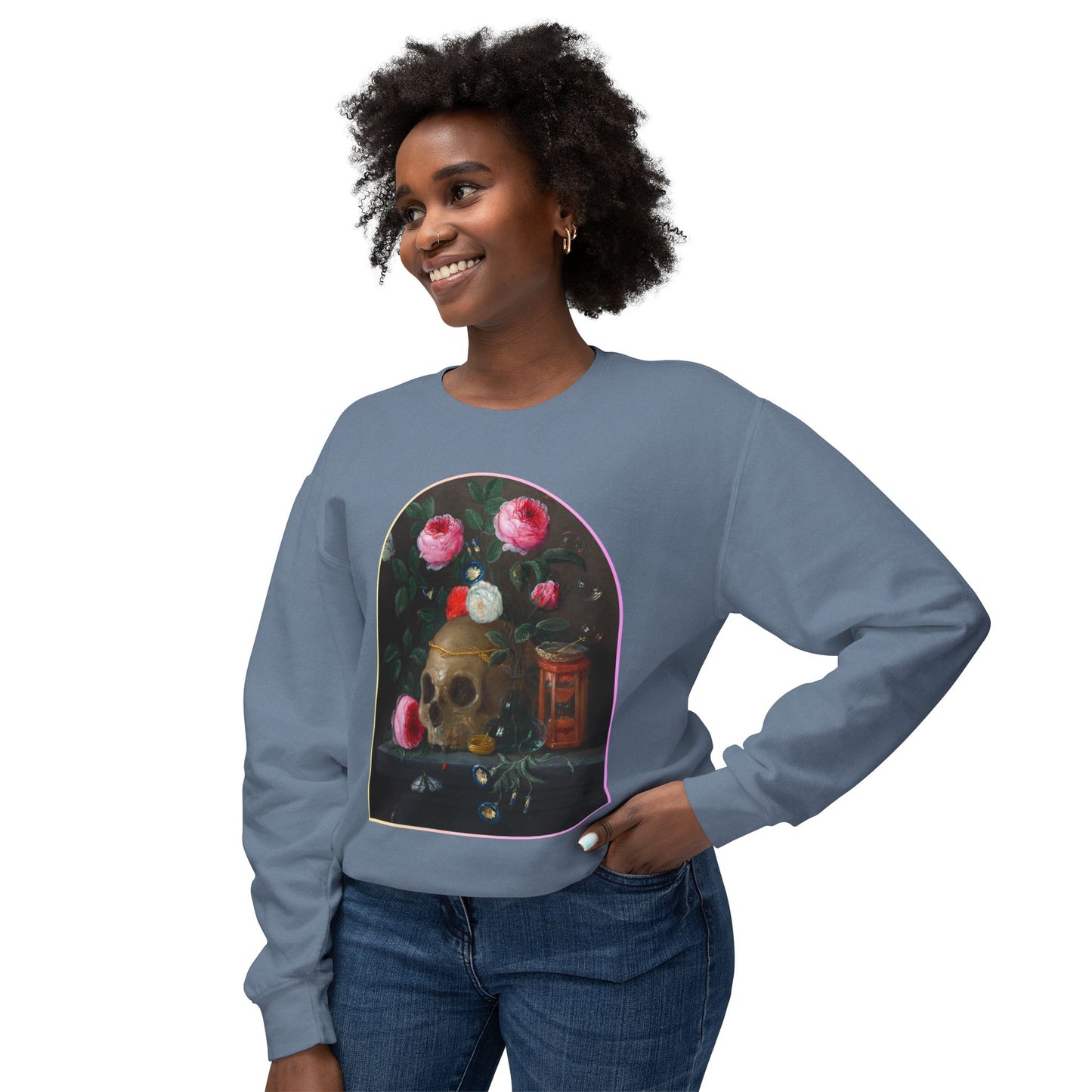 Front view of Vanitas Still Life Unisex Crewneck Sweatshirt featuring Jan van Kessel-inspired vintage art with a skull, roses, and symbolic objects.