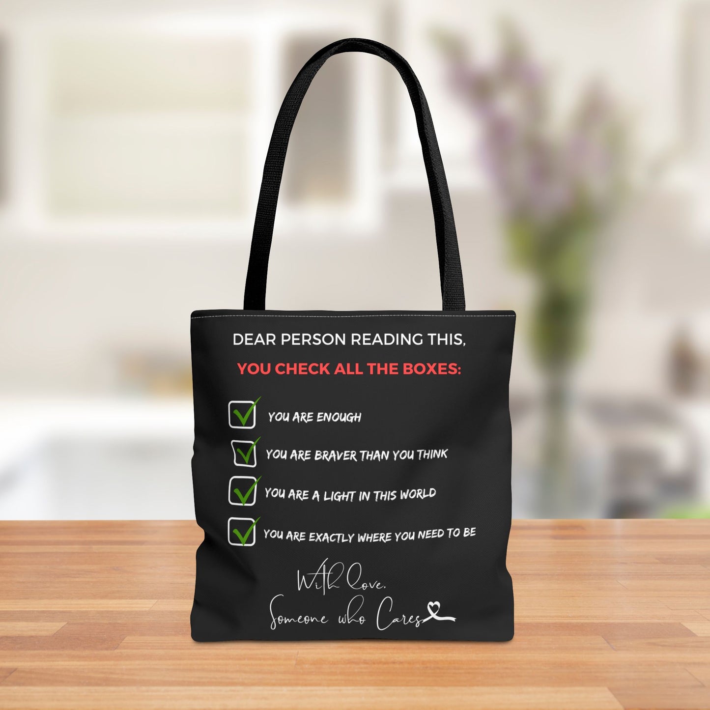 Reversible tote bag with motivational message: "Dear Person Reading This, You Check All the Boxes," with checkboxes listing positive affirmations.