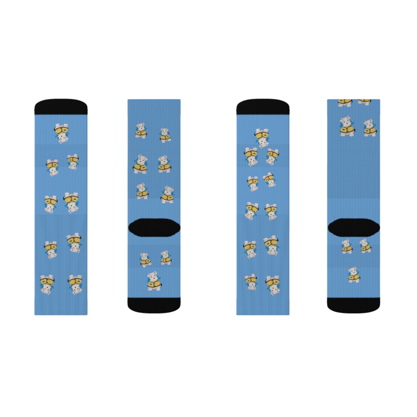 Flat lay of the front of the socks, neatly displaying the full design with the vintage dog print.