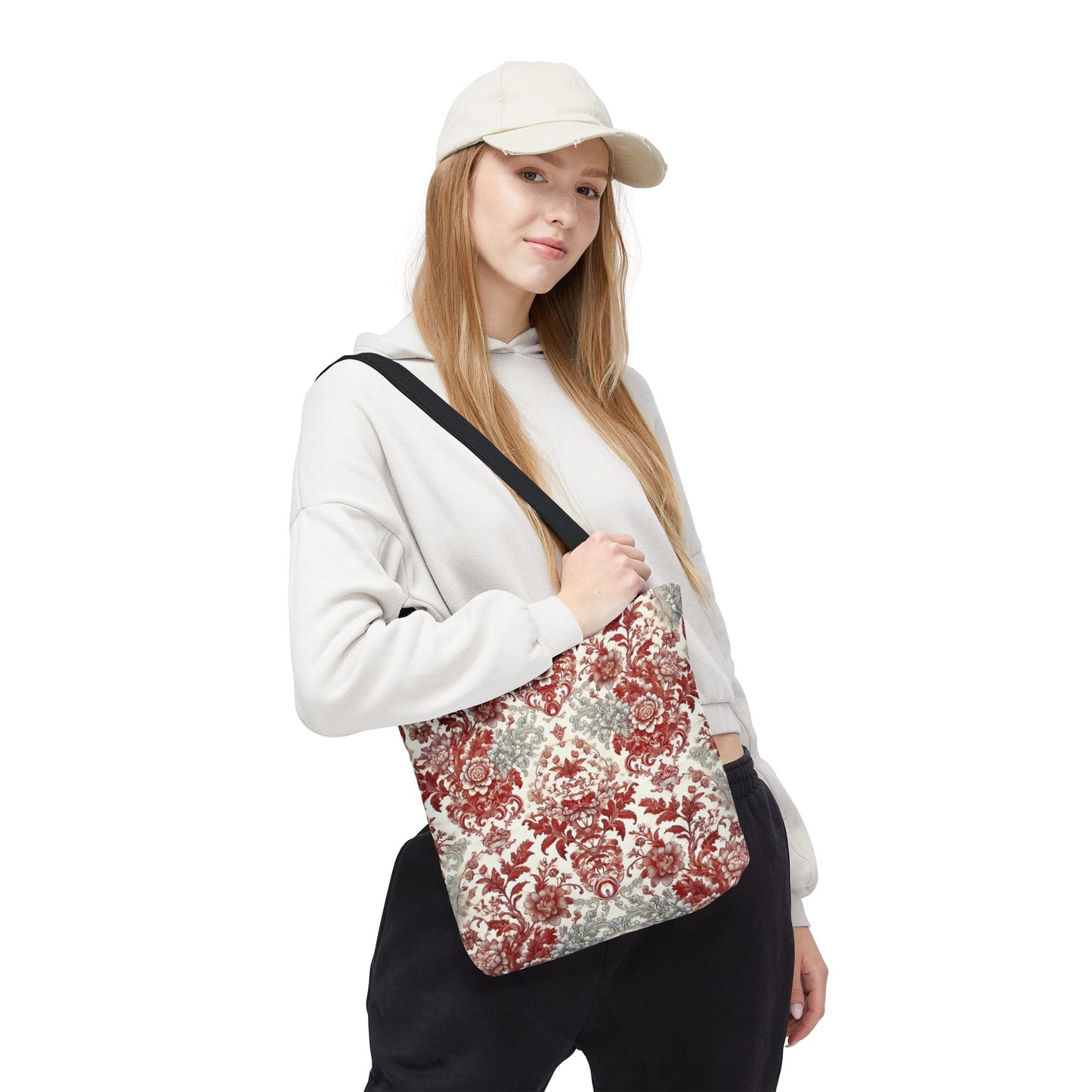 Luxury Red & Gray Chinoiserie Tote Bag – Elegant Floral Baroque Design | Black or White Handles | Stylish Everyday Carryall